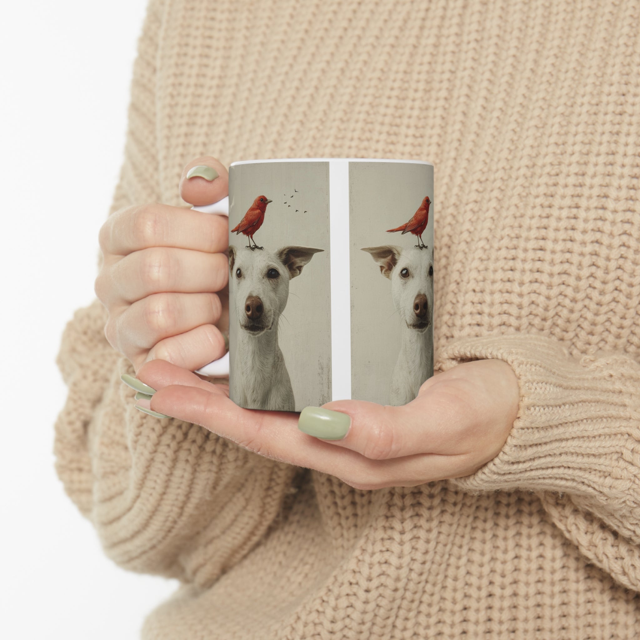 Happy Dog with Friendly Birddie Ceramic Mug 11oz - Adorable Animal Friendship Coffee Cup for Relaxing Mornings and Tea Time Bliss