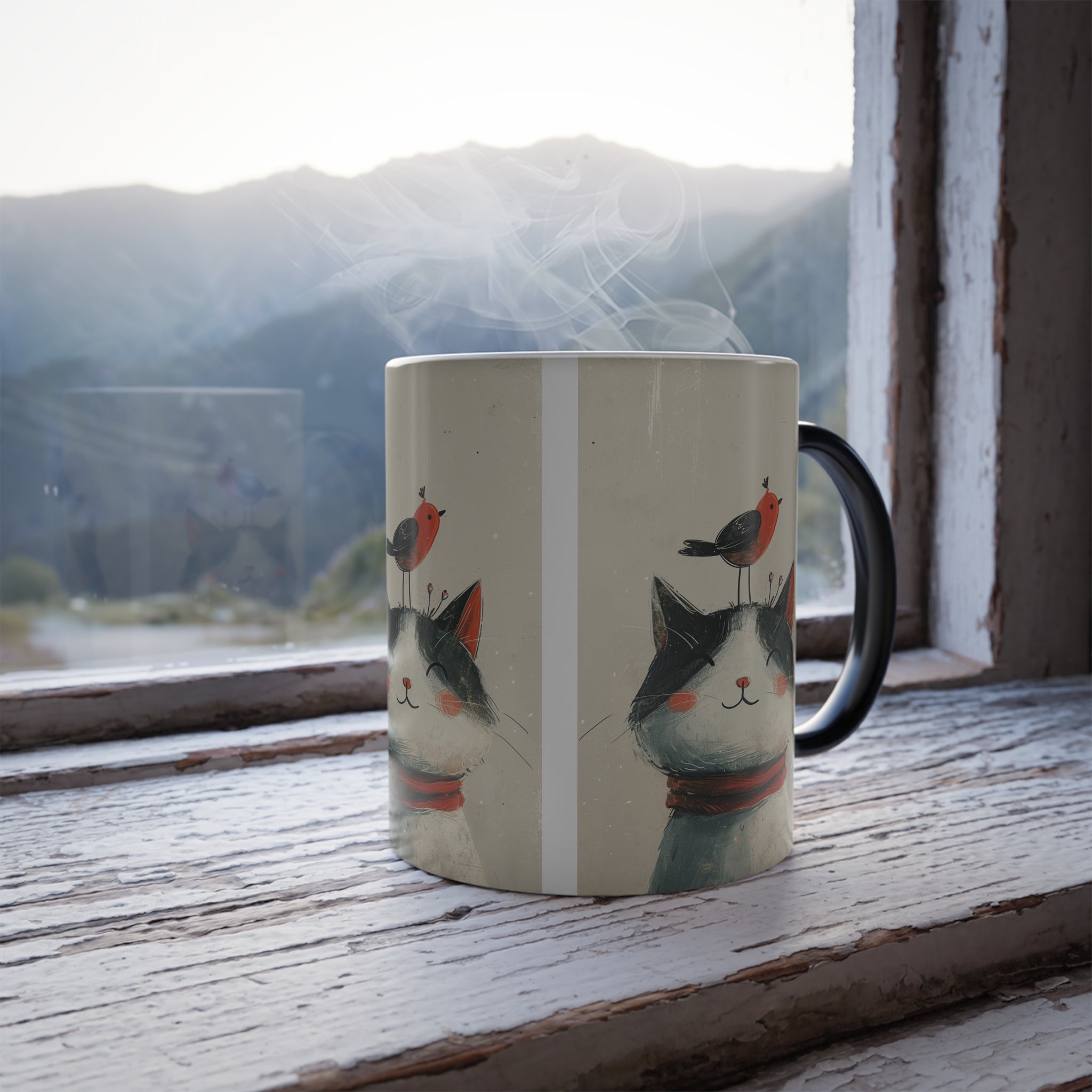 🐱🐦 Red Sparrow and Friend Cat Color Morphing Mug - 11oz | Magic Heat-Changing Ceramic Cup for Cat Lovers | Unique Color-Shift Coffee Mug
