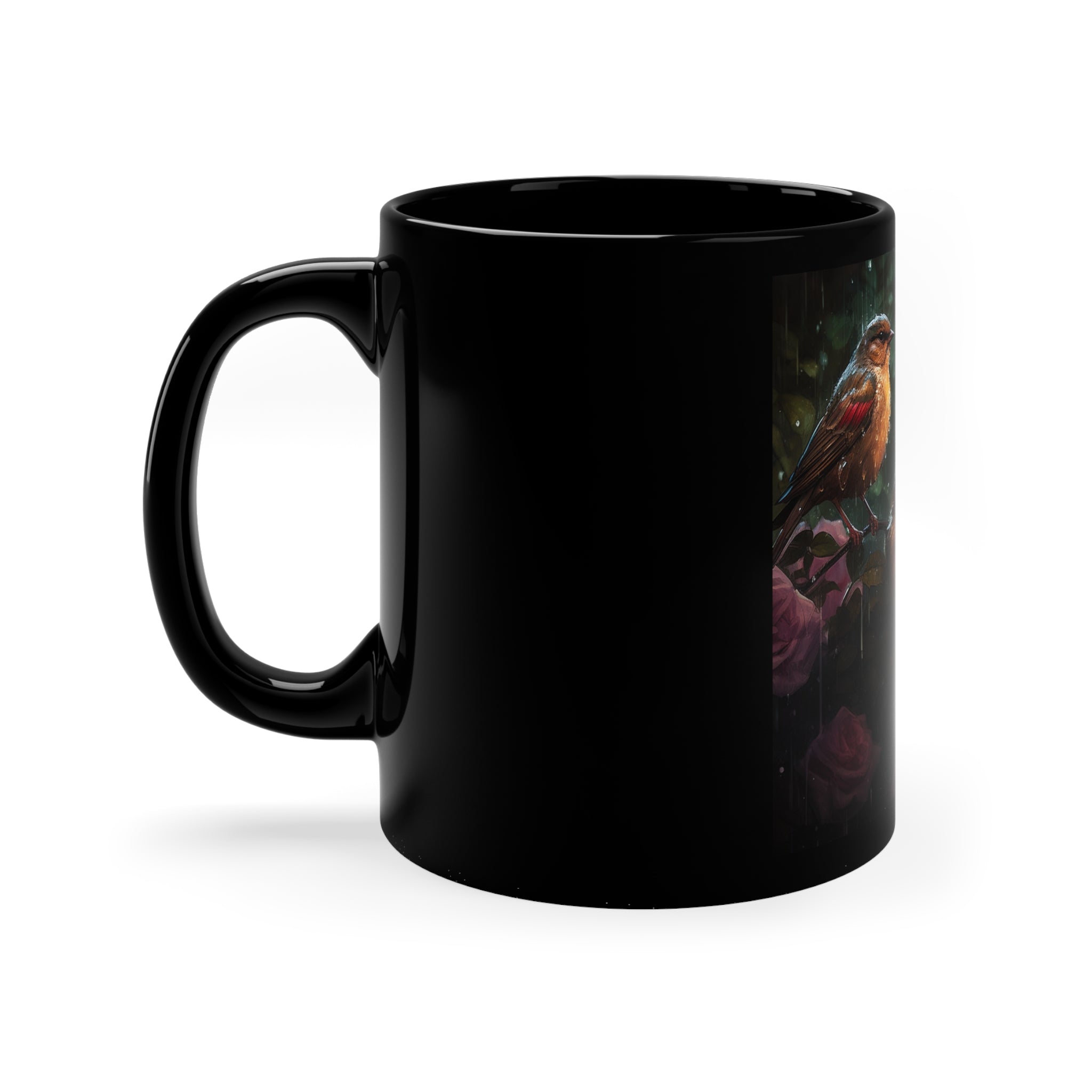 11oz Black Mug Sparrows Birds in Rose Flower Bush Ceramic "Cawfee" Floral Cup Gift Black Mug Coffee Cup Gift