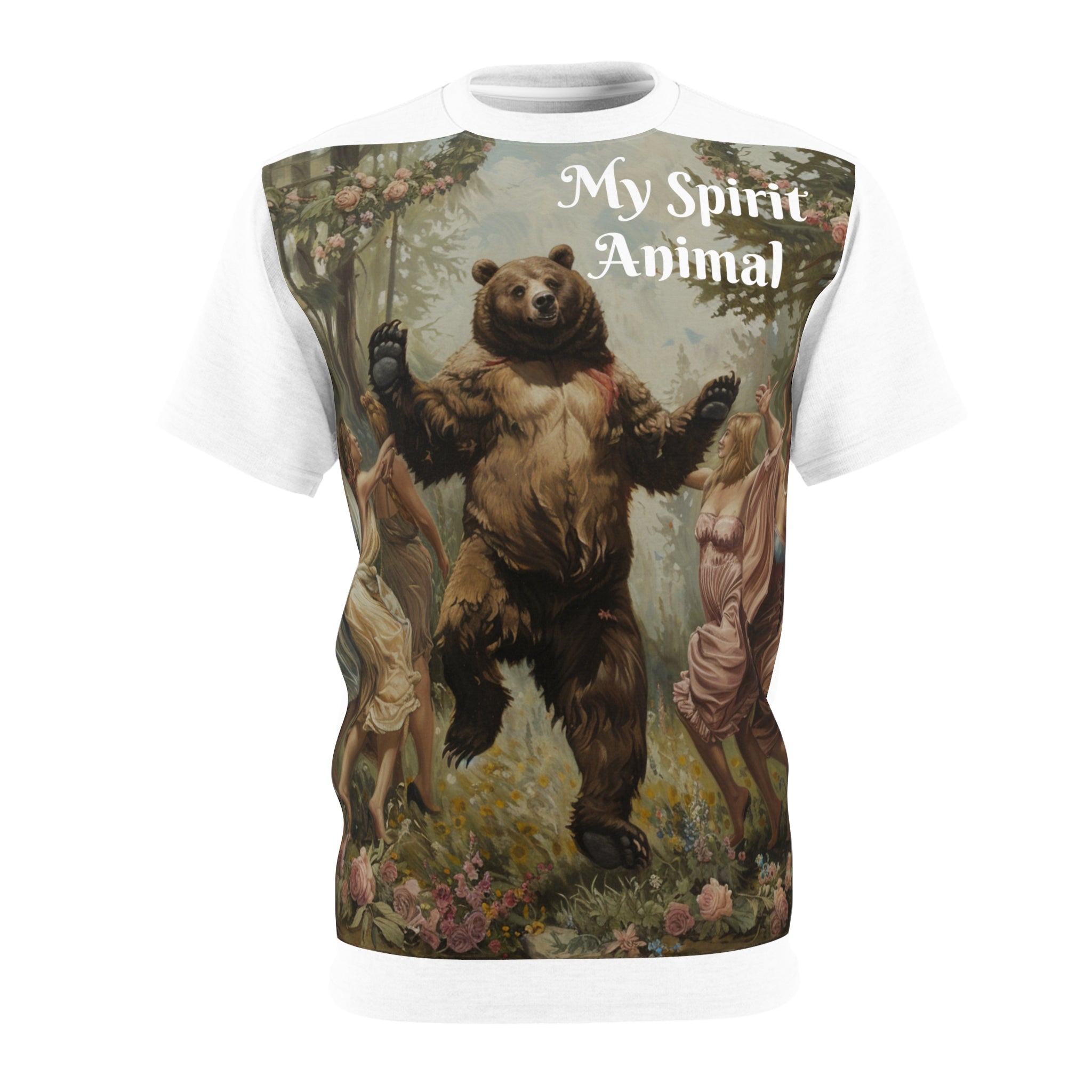 The image features a vibrant and artistically rich unisex tee showcasing a full-body, seamless print of a bear joyfully interacting with nymphs in a lush forest setting. The tee's cut and sew construction ensures the scene wraps beautifully around the shirt, enhancing both the visual impact and the storytelling element.