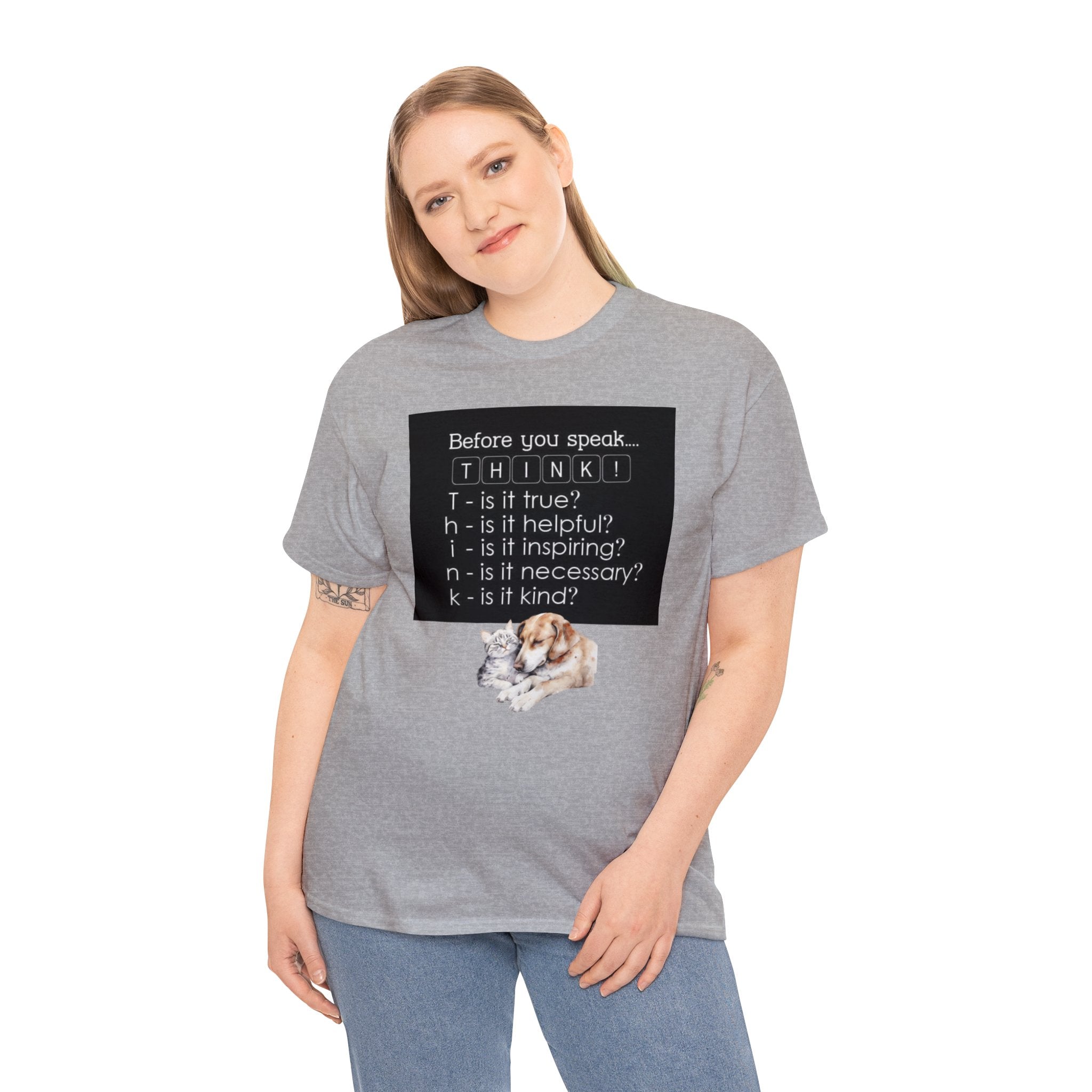 T.H.I.N.K Acronym Kindness Dog and Cat Comfy Friends Unisex Heavy Cotton Tee - Spread Positivity & Friendship