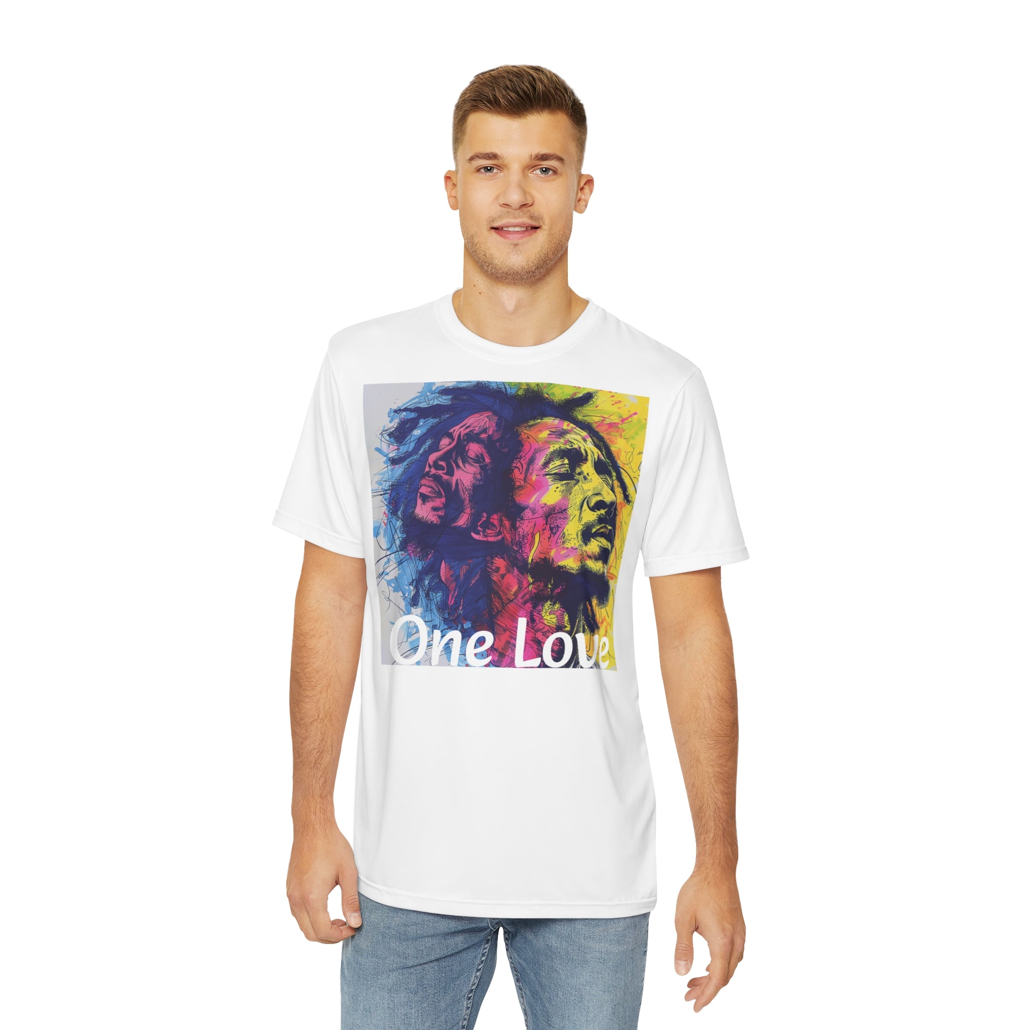 Reggae Harmony: 'One Love' Colorful Marley Tribute Men's Polyester Tee (AOP) - A Melody in Every Thread