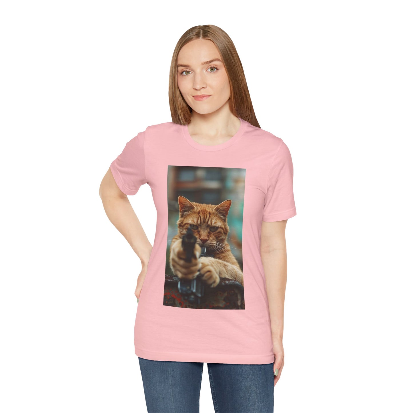 Stealth Paws: Feline Hitman Women's Jersey Short Sleeve Tee - Quirky Cat-Themed Apparel for Fashion-Forward Cat Lovers