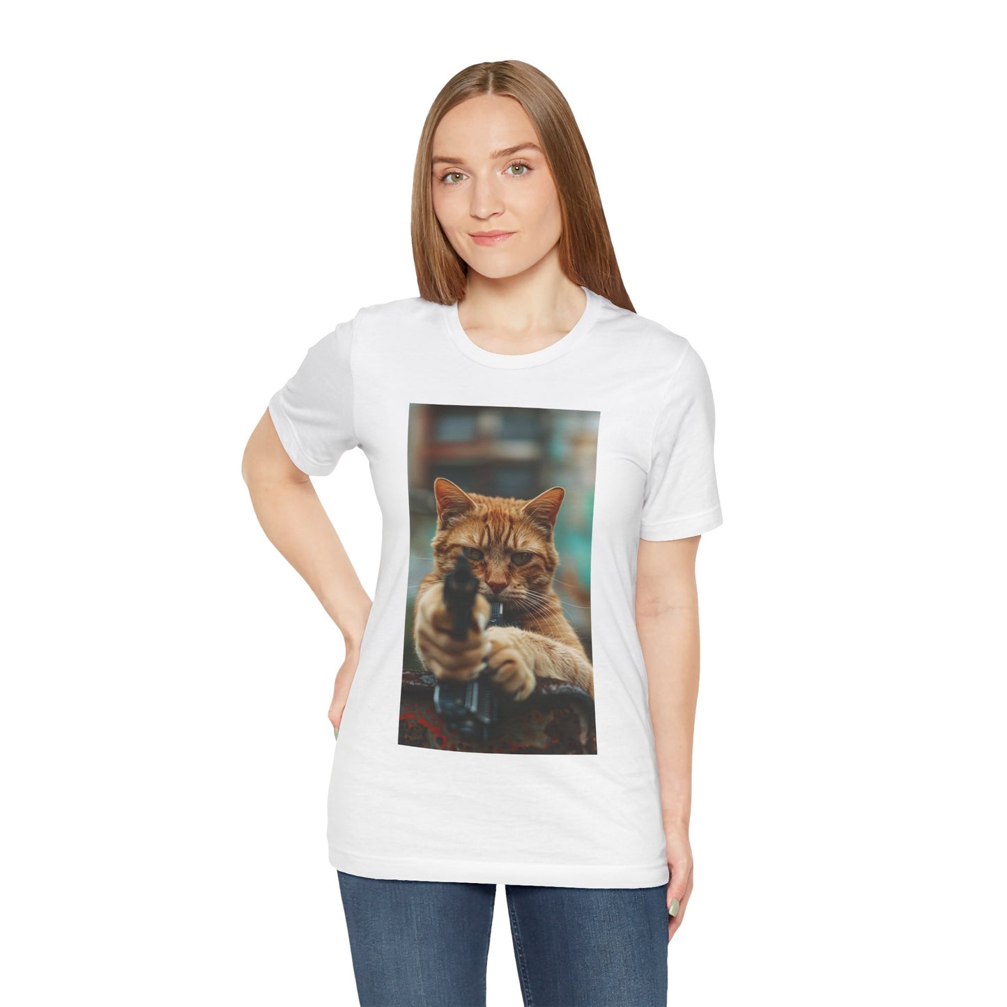 Stealth Paws: Feline Hitman Women's Jersey Short Sleeve Tee - Quirky Cat-Themed Apparel for Fashion-Forward Cat Lovers