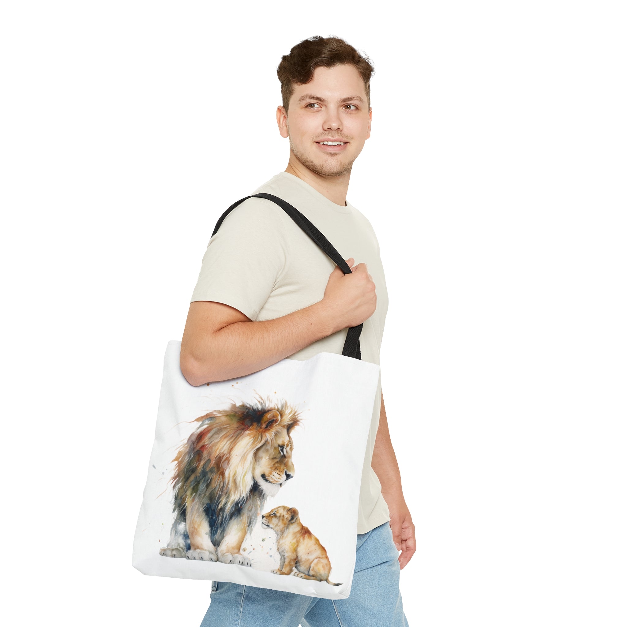 Tote Bag (AOP) Great Gift for Holidays Lion Father and Cub Great Wear for Animal Lovers Africa Savannah Family