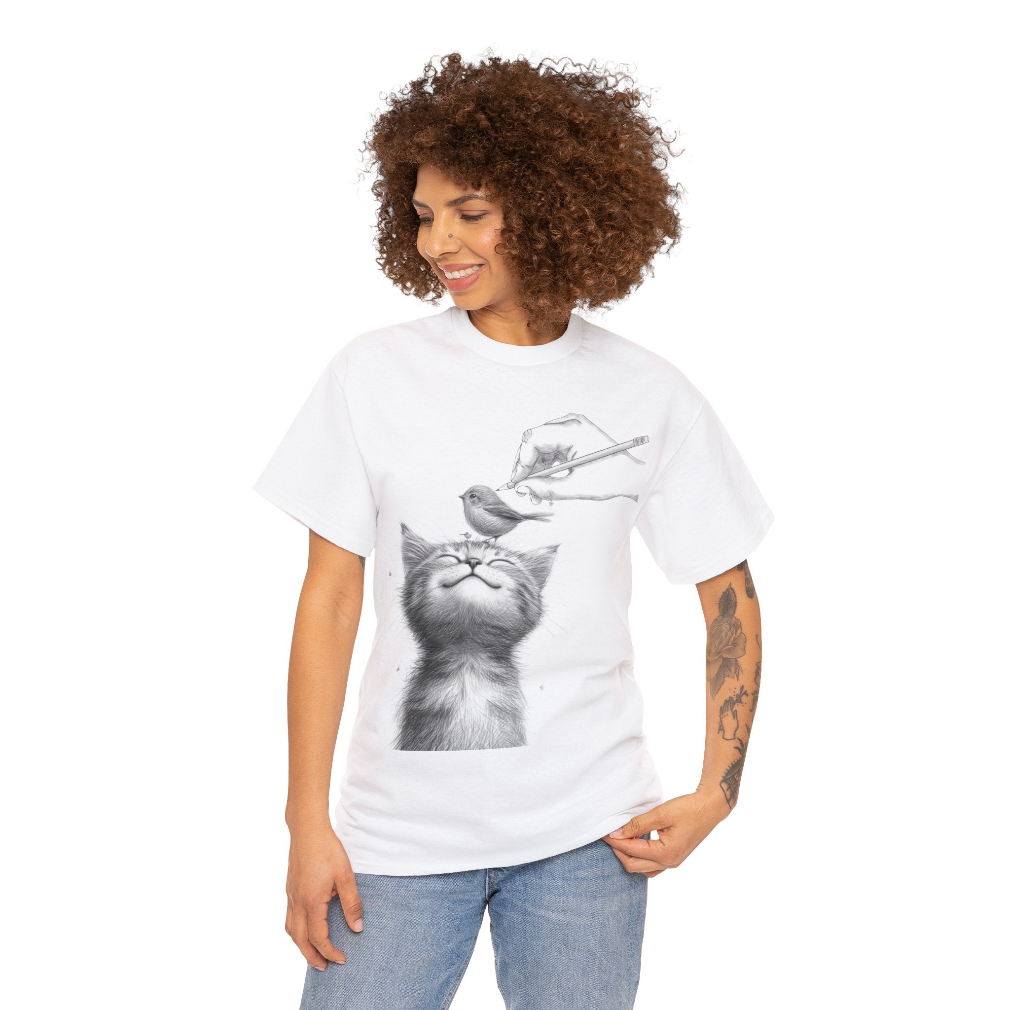 Cute Top for Artist Gift Women's Discover Artistic Elegance: Sketch Hand Drawing Bird and Cat Friendship Unisex Heavy Cotton Tee - Unique Design for Art Enthusiasts