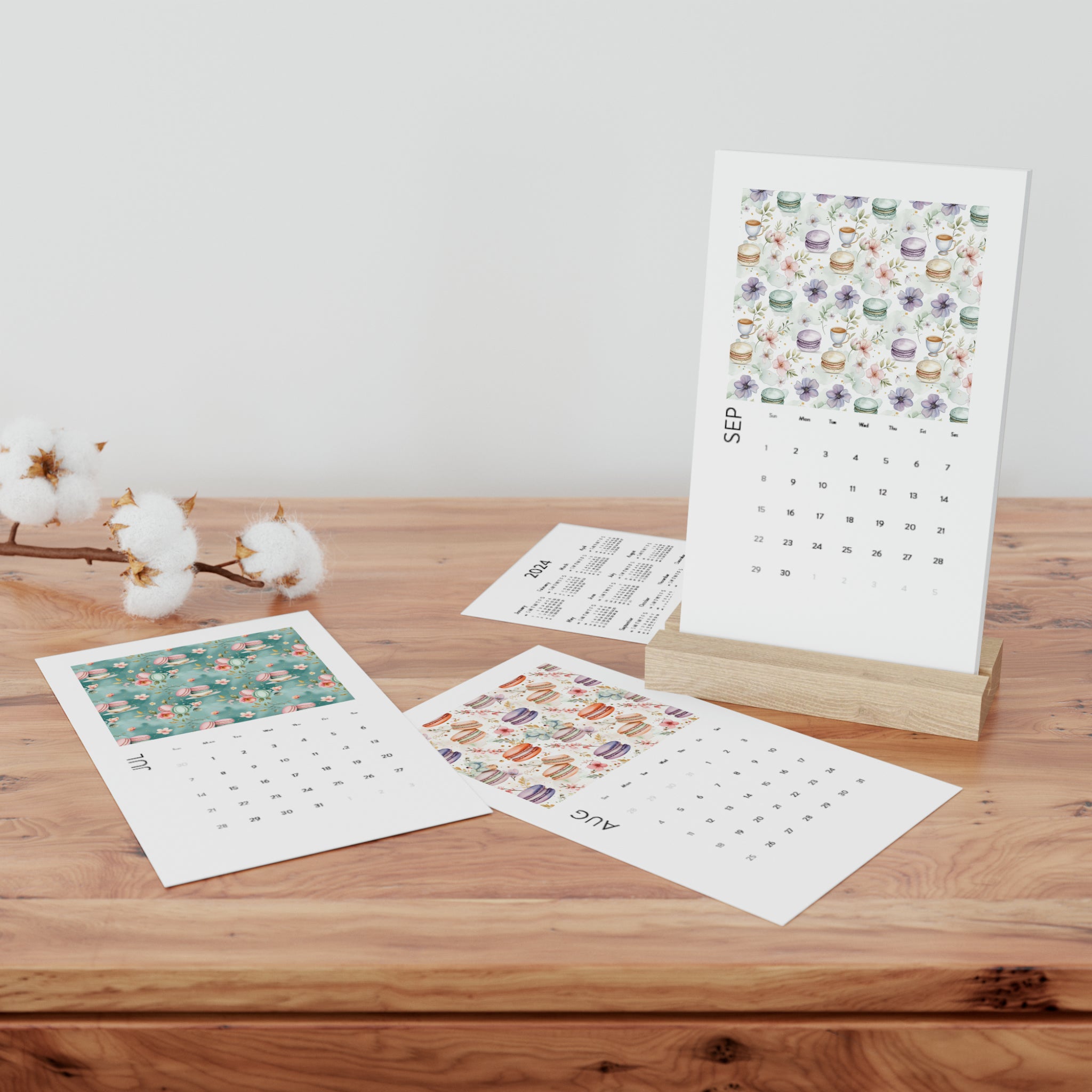 2024 Macaroon Lover Rain Floral Vertical Desk Calendar - A Sweet Year Ahead with Delightful Pastry and Blossom Designs