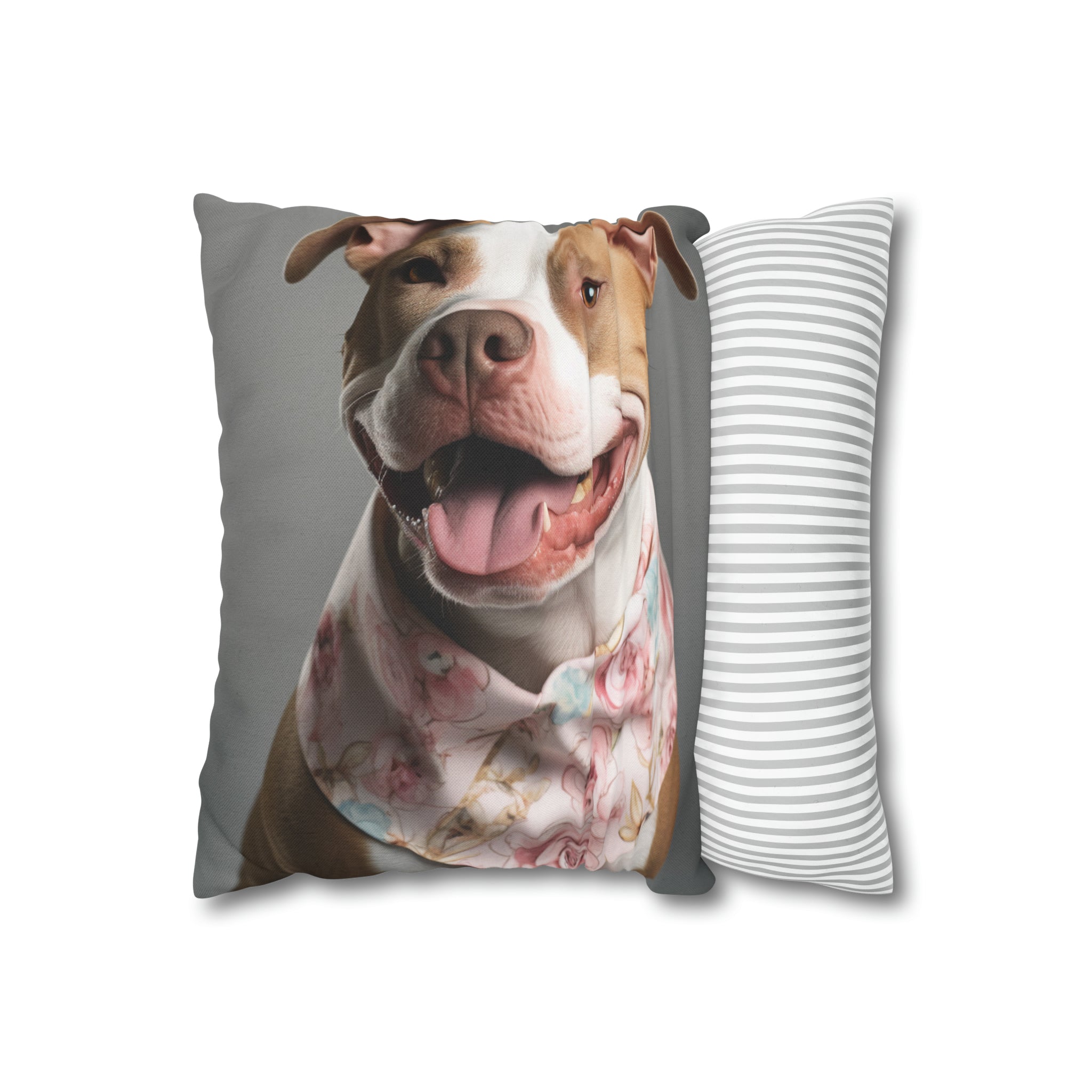 Cute Pitbull Pillow of Pitbull Wearing a Floral Pink Scarf.  Cute.