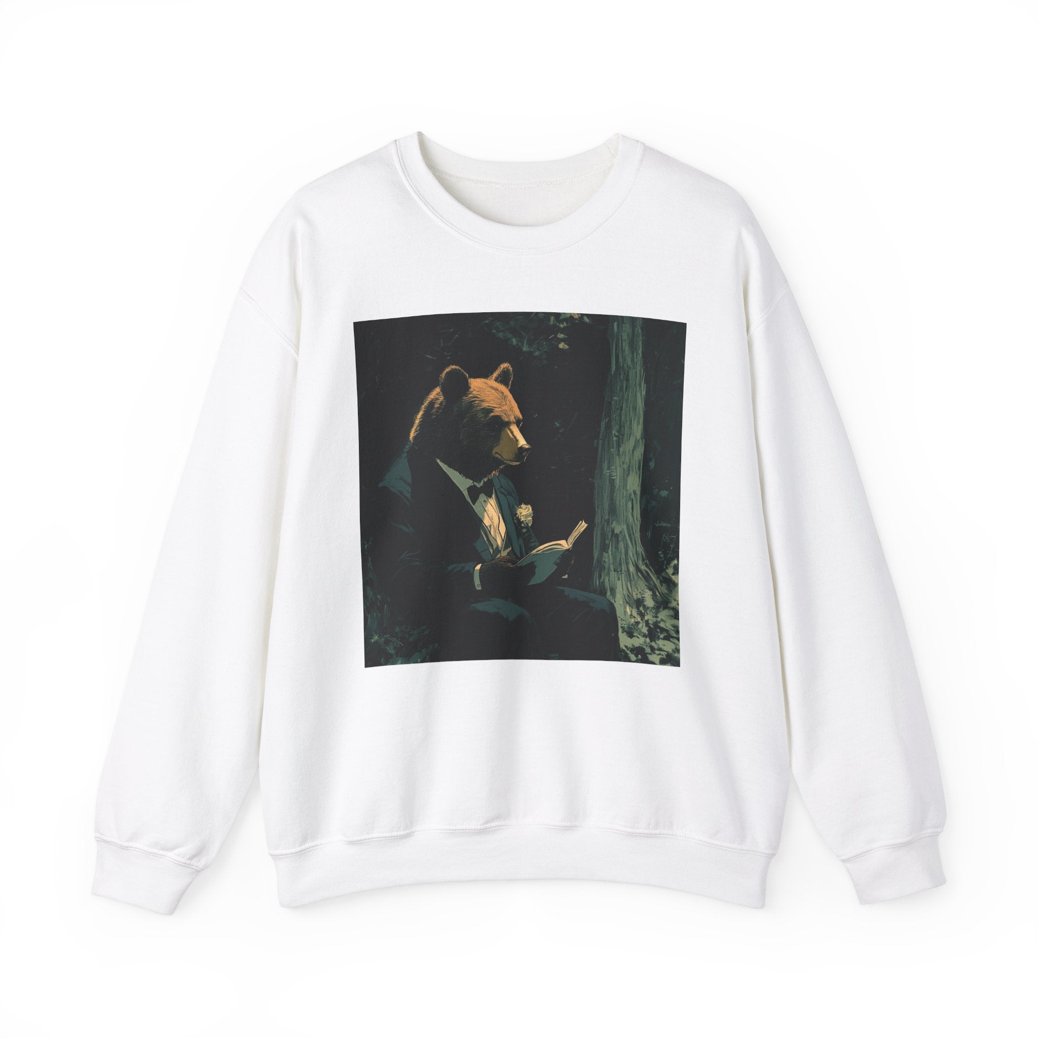 The image features a comfortable unisex crewneck sweatshirt with a playful and dapper bear dressed in gentlemanly attire. The high-quality fabric and relaxed fit are also highlighted, making it an ideal choice for casual yet stylish wear.