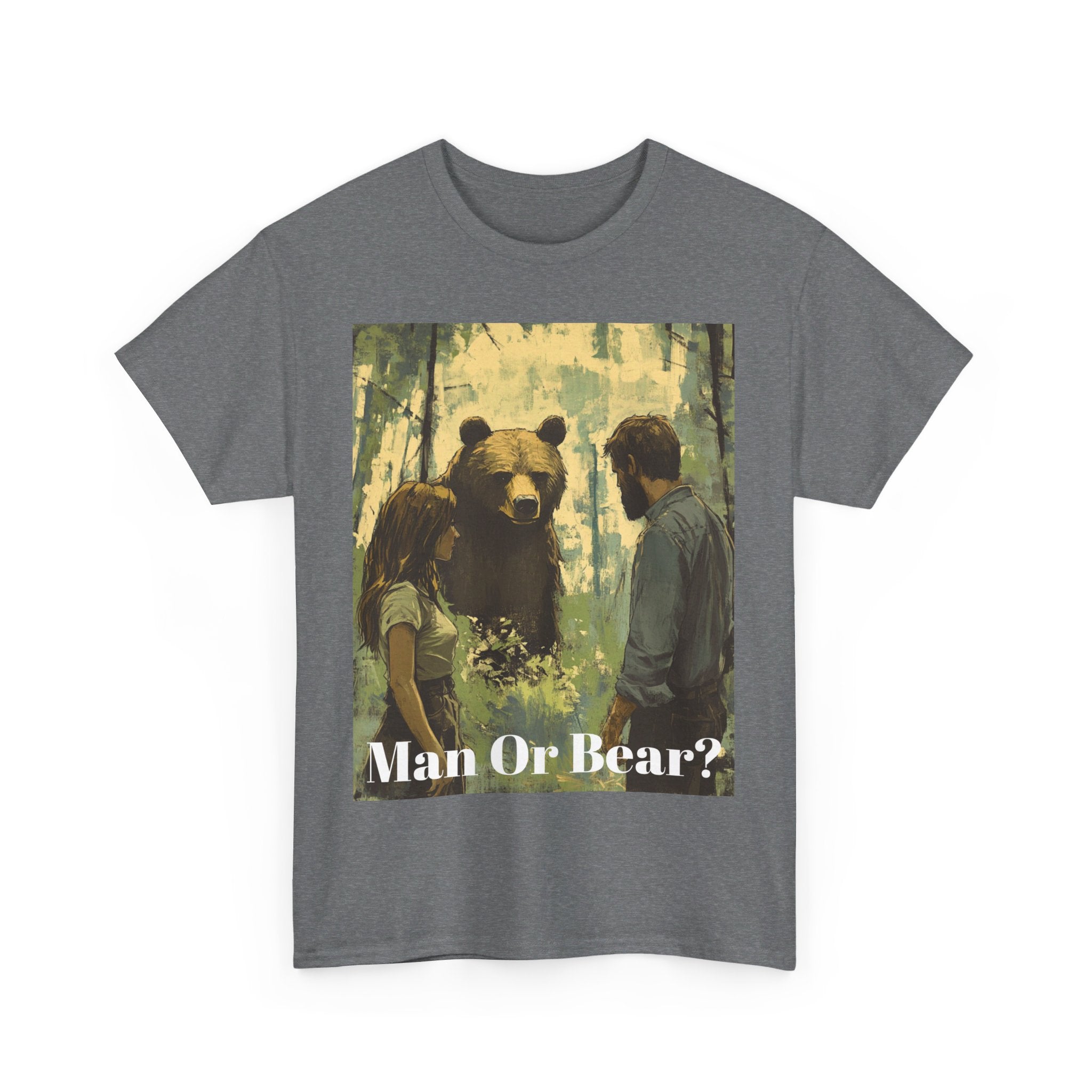 Wilderness Debate: 'Man or Bear?' Controversy Men's Heavy Cotton Tee - Embrace the Mystery