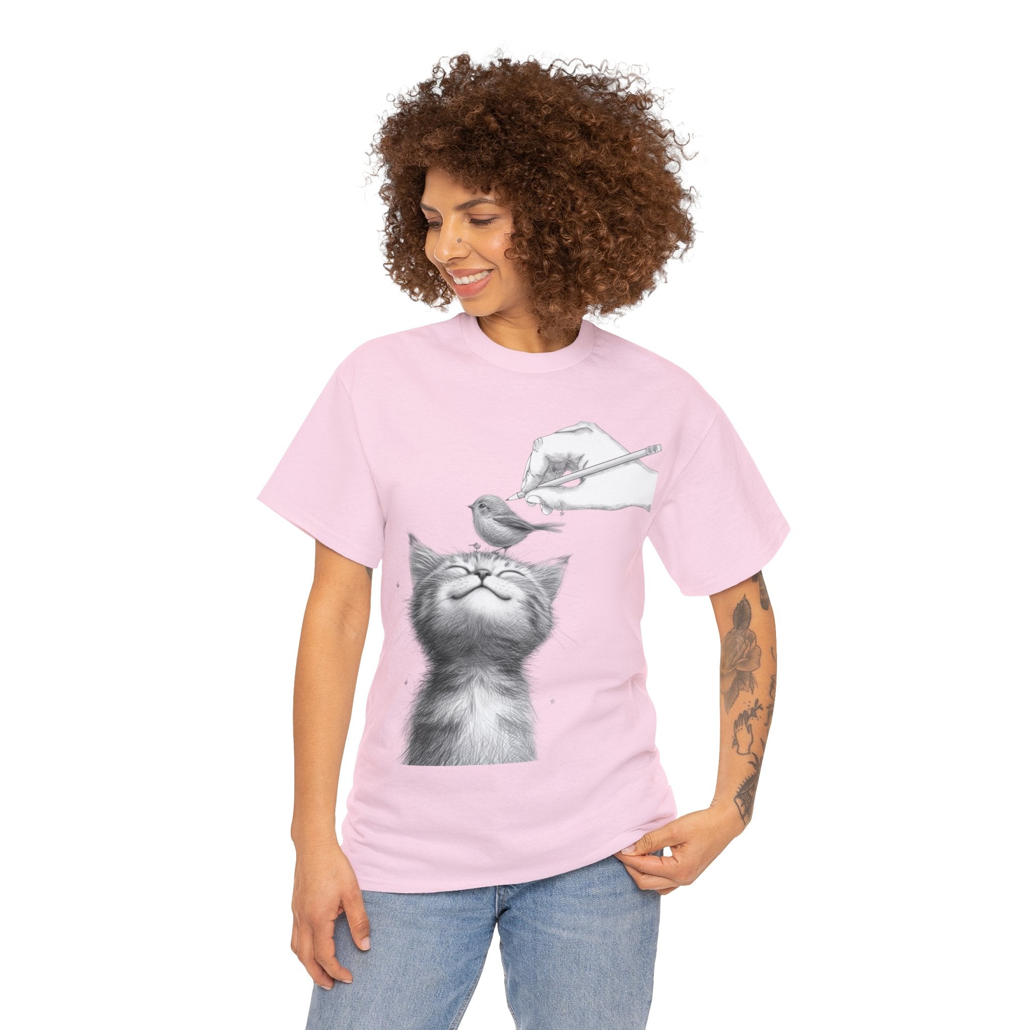 Cute Top for Artist Gift Women's Discover Artistic Elegance: Sketch Hand Drawing Bird and Cat Friendship Unisex Heavy Cotton Tee - Unique Design for Art Enthusiasts