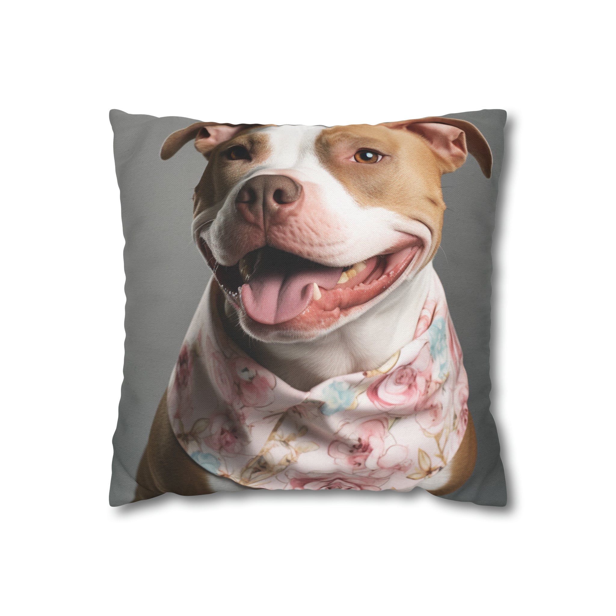 Cute Pitbull Pillow of Pitbull Wearing a Floral Pink Scarf.  Cute.