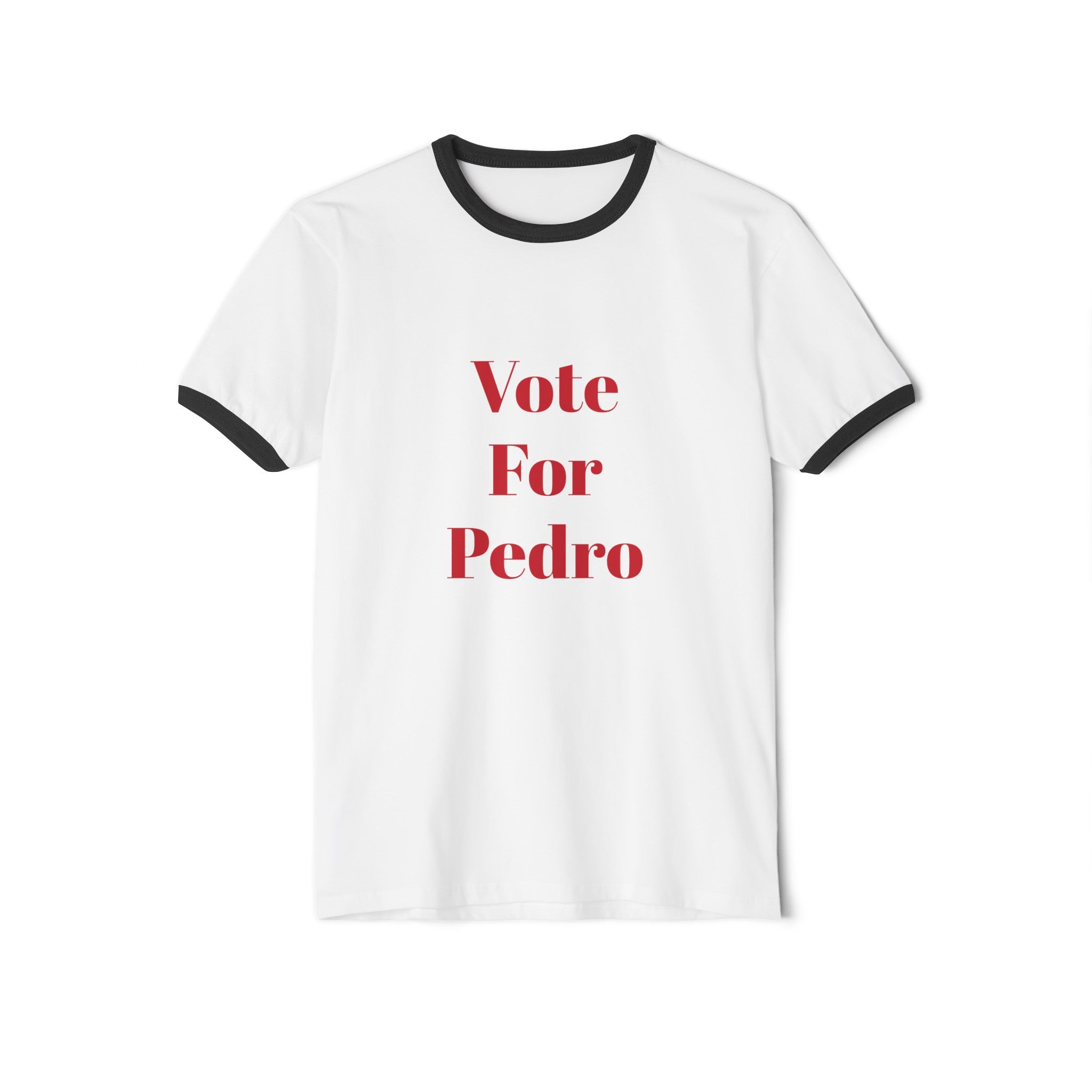 The image features a stylish unisex cotton ringer t-shirt, showcasing the bold "Vote For Pedro" slogan across the front. The contrasting trim on the collar and cuffs highlights the classic ringer style, while the soft cotton fabric promises comfort and a relaxed fit.
