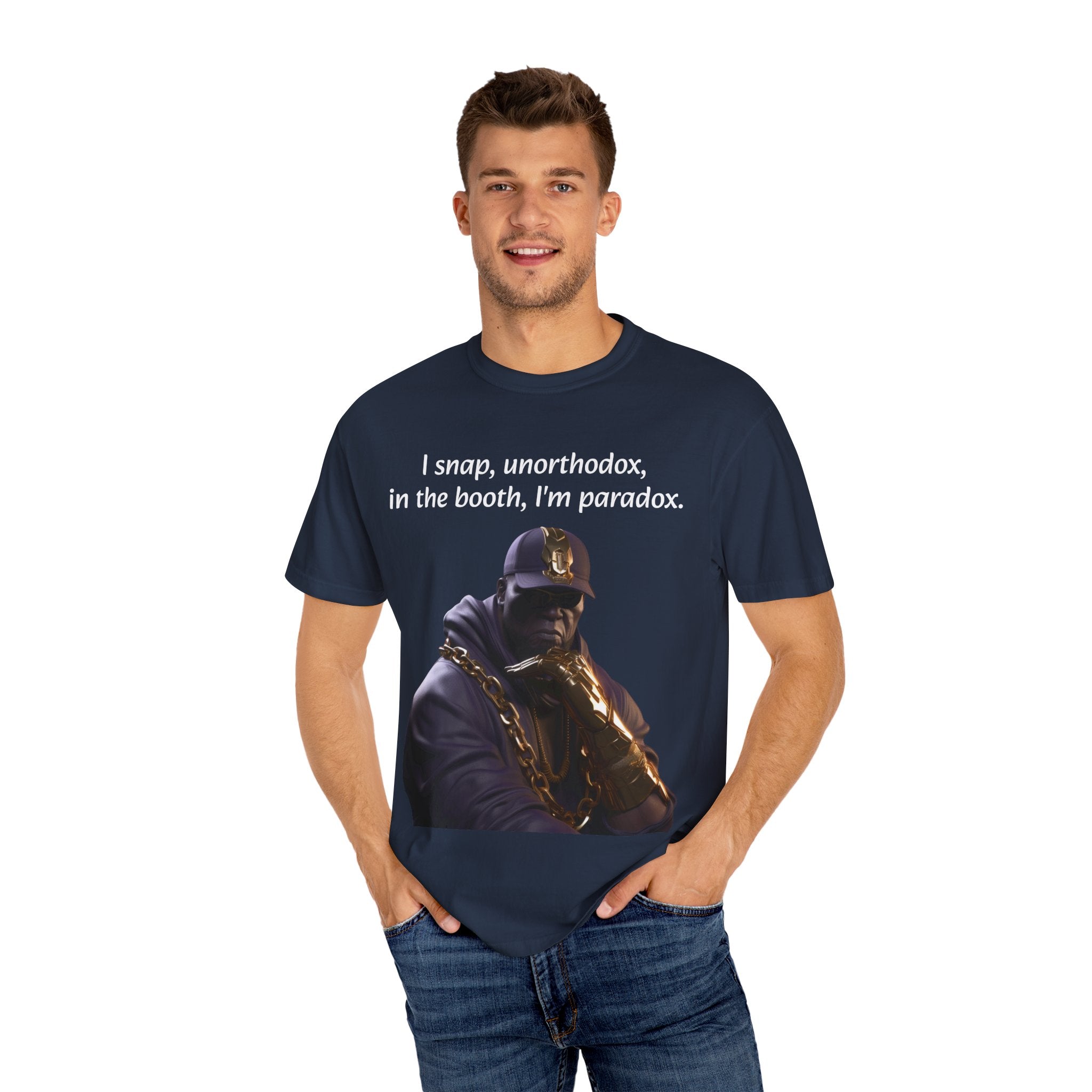 Lyrically Mad Titan T-Shirt: 'I Snap, Unorthodox, in the Booth, I'm Paradox' - Cosmic Warlord Inspired Hip Hop Unisex Garment-Dyed Tee for Urban Wear Enthusiasts