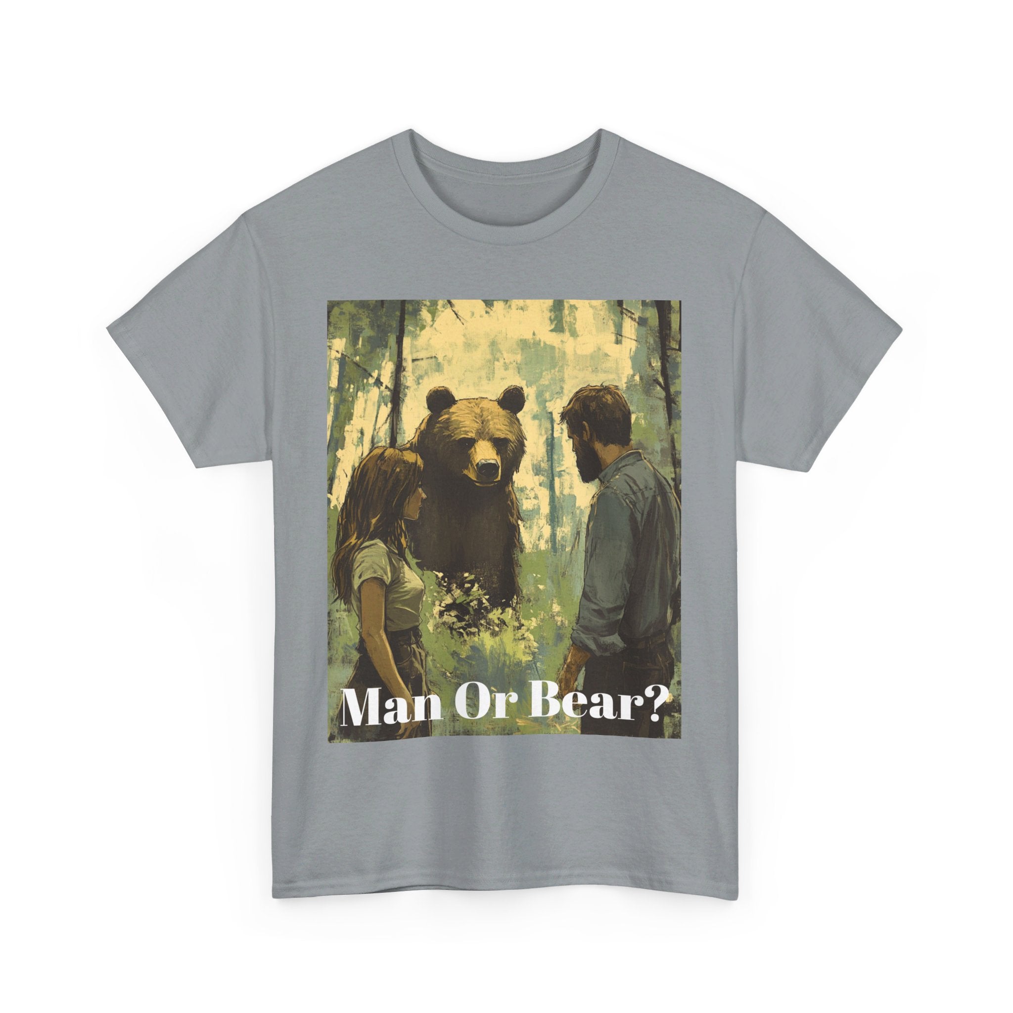 Wilderness Debate: 'Man or Bear?' Controversy Men's Heavy Cotton Tee - Embrace the Mystery