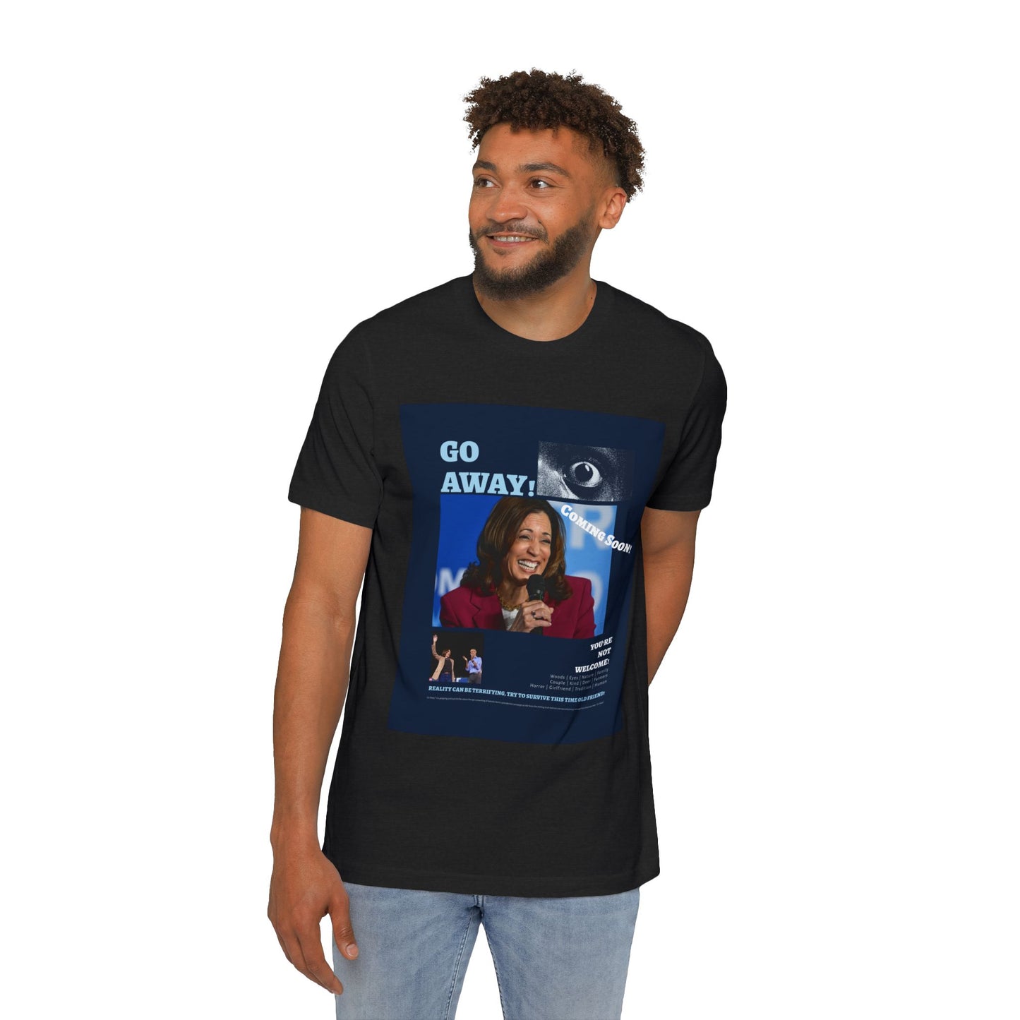 Go Away! Horror Film-Inspired Dem 2024 Campaign Parody USA-Made Unisex Jersey T-Shirt - A Bold Political Statement