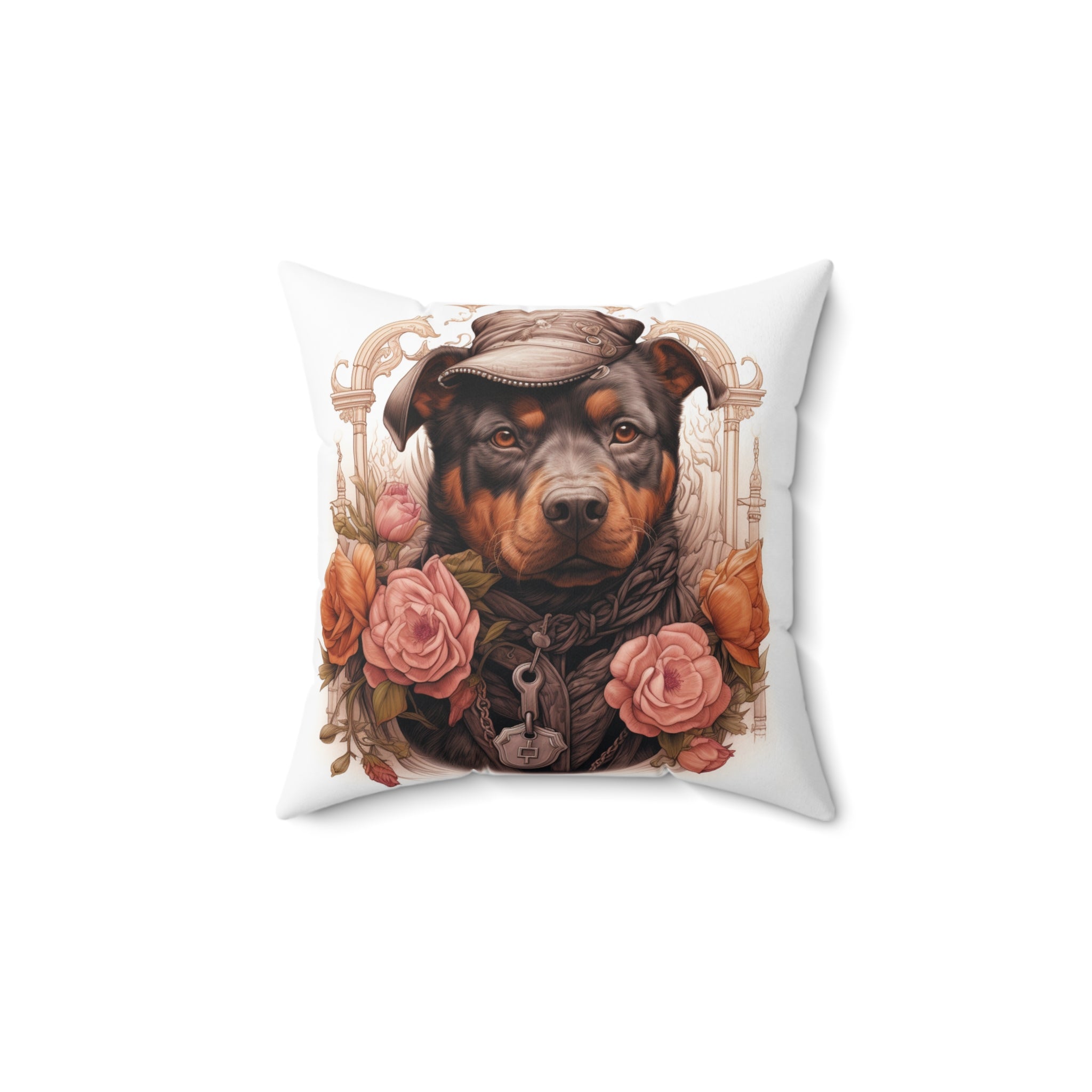 Spun Polyester Square Pillow: Floral Pittbulls & Rottweilers Design | Professional Artwork | Elegant Home Decor