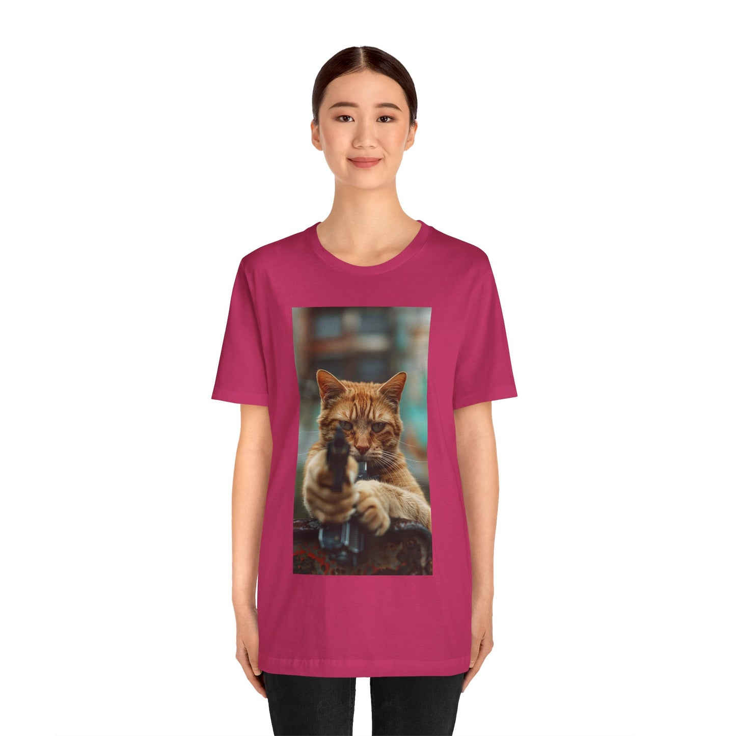 Stealth Paws: Feline Hitman Women's Jersey Short Sleeve Tee - Quirky Cat-Themed Apparel for Fashion-Forward Cat Lovers