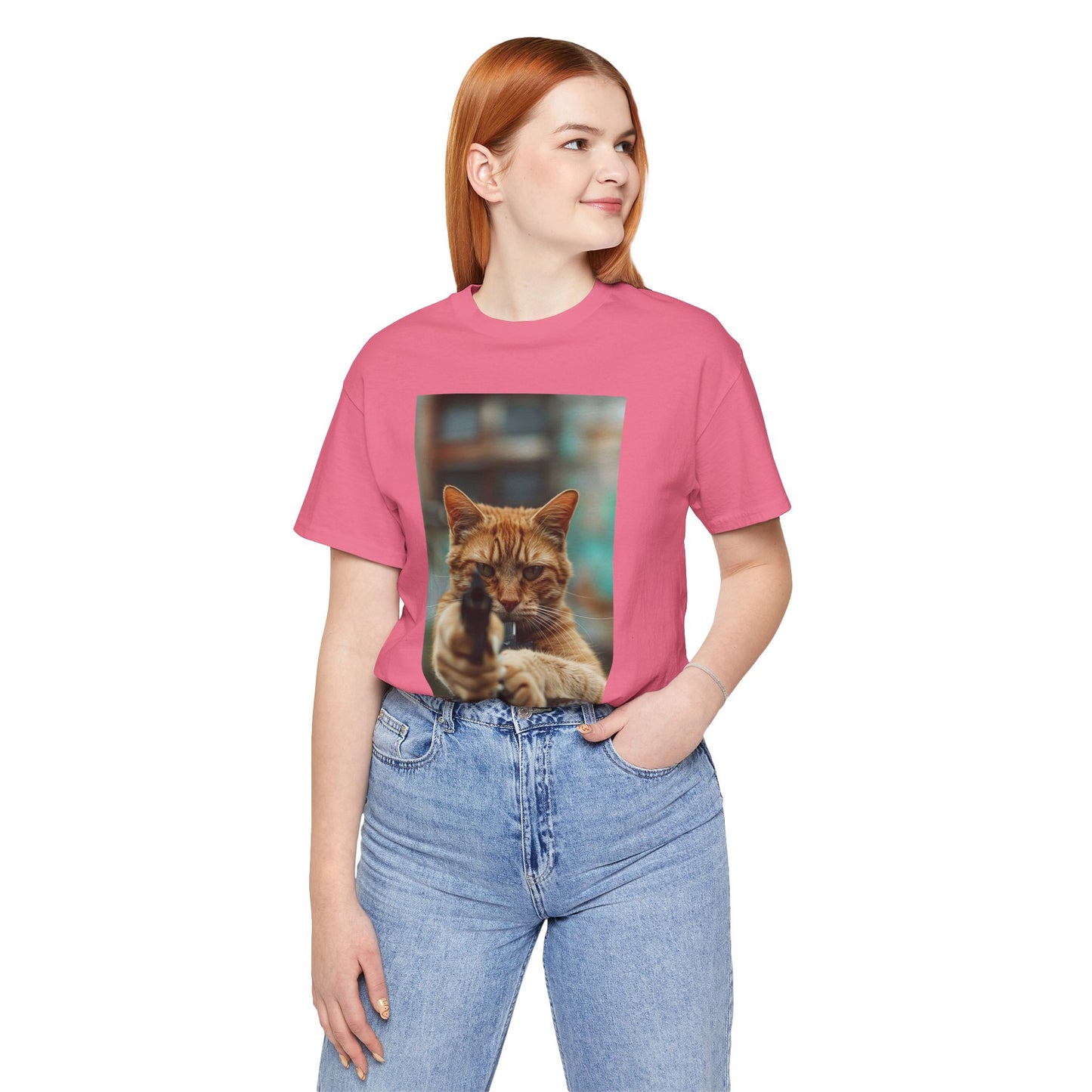 Stealth Paws: Feline Hitman Women's Jersey Short Sleeve Tee - Quirky Cat-Themed Apparel for Fashion-Forward Cat Lovers