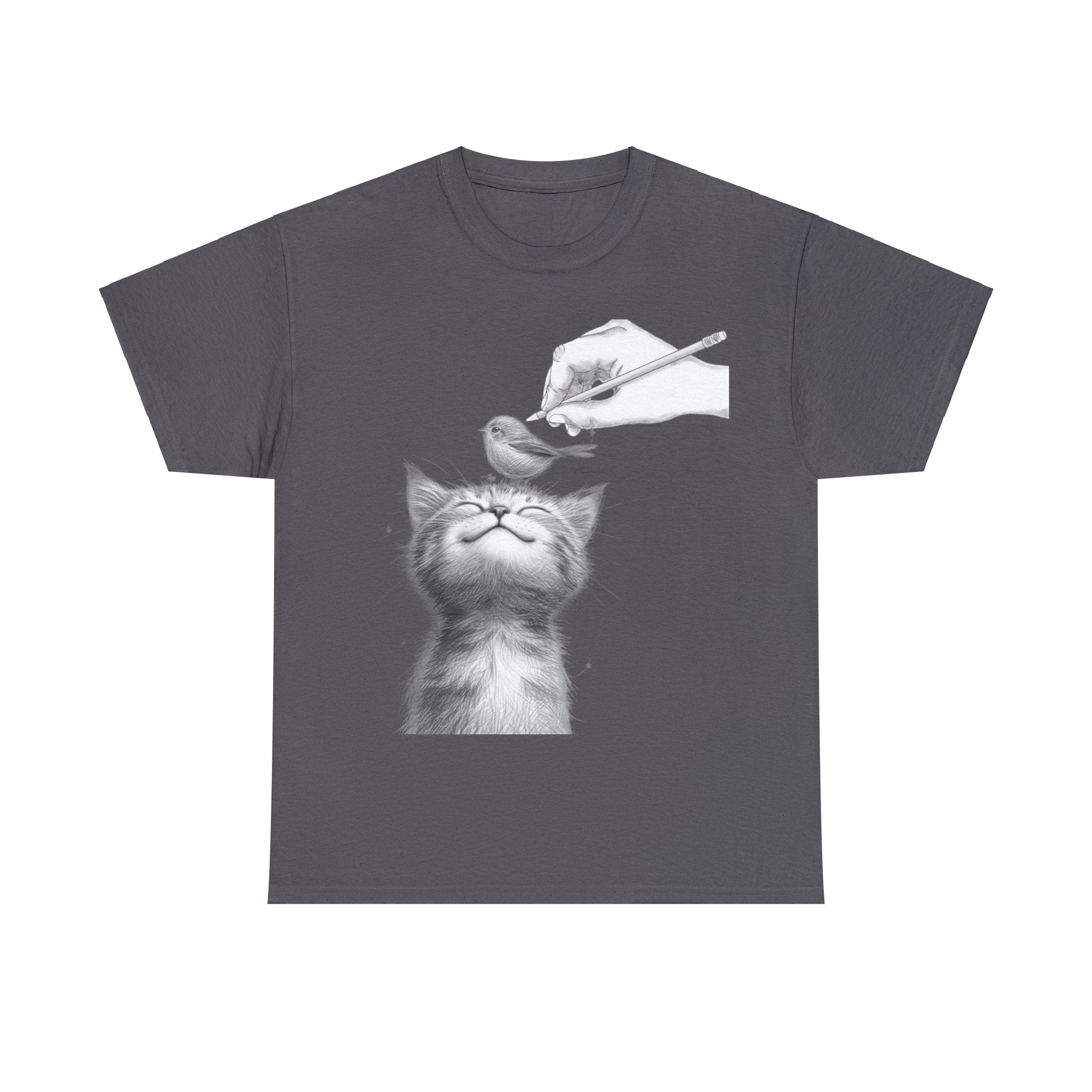 Cute Top for Artist Gift Women's Discover Artistic Elegance: Sketch Hand Drawing Bird and Cat Friendship Unisex Heavy Cotton Tee - Unique Design for Art Enthusiasts