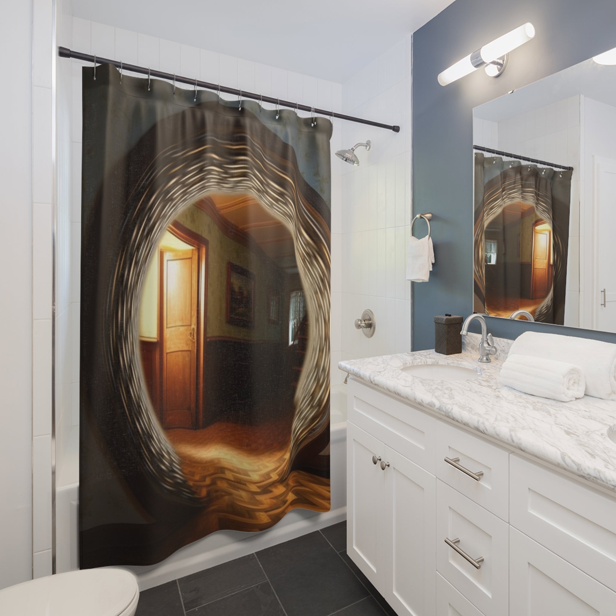 Mysterious Brown Building Interior Gateway Design for Contemporary Home Décor 🏢🛁 Fantasy Bathroom Decor🚪 Sublime Urban Illusion Portal: Hyper-Realistic Optical Illusion Tapestry & Shower Curtain -