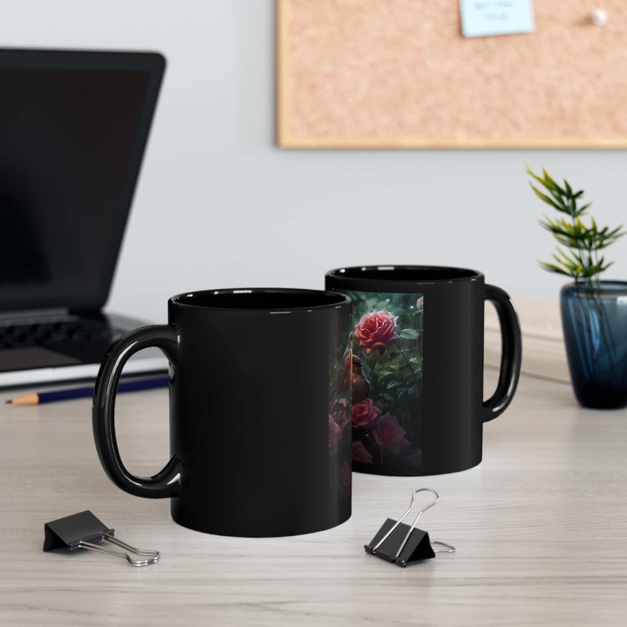 11oz Black Mug Sparrows Birds in Rose Flower Bush Ceramic "Cawfee" Floral Cup Gift Black Mug Coffee Cup Gift
