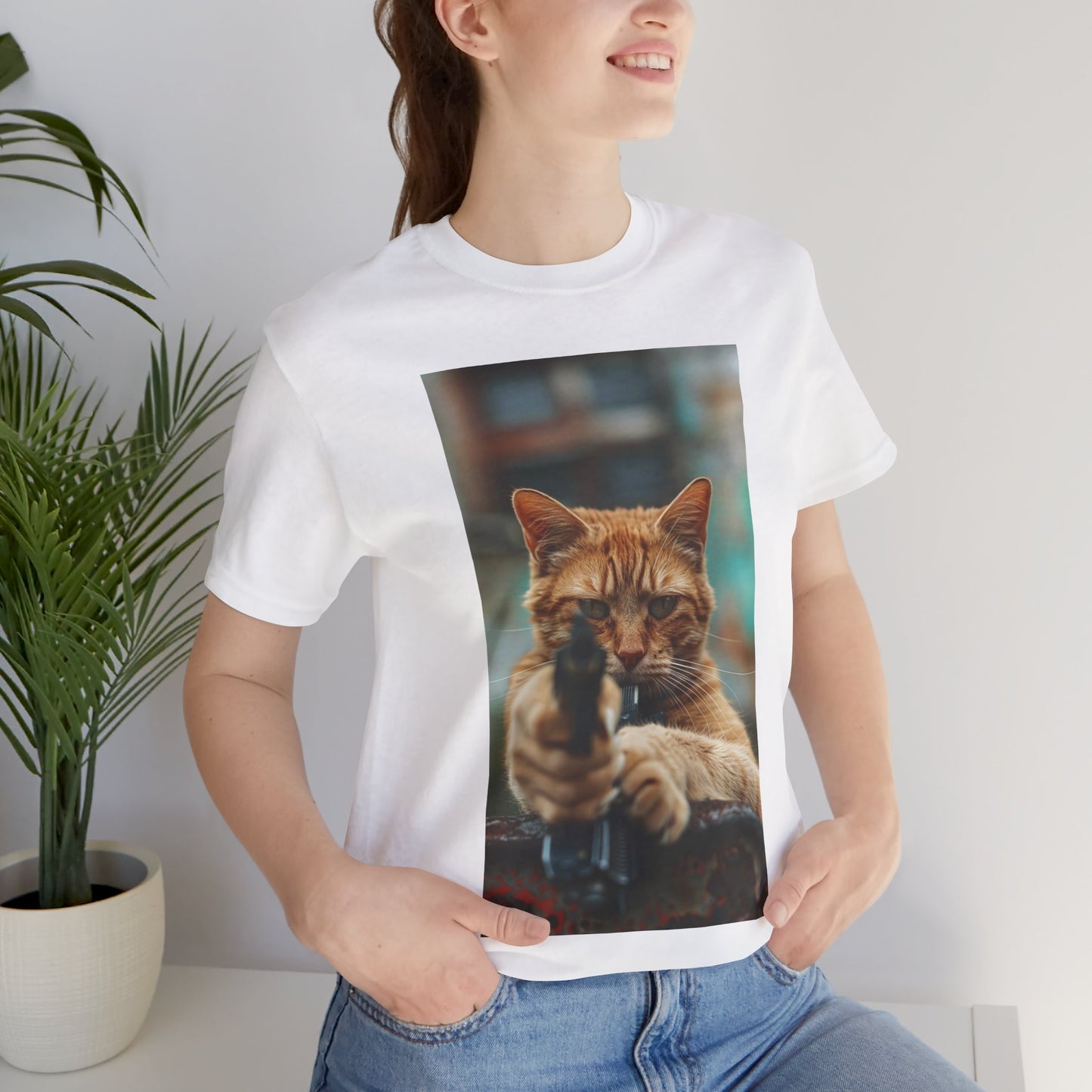 Stealth Paws: Feline Hitman Women's Jersey Short Sleeve Tee - Quirky Cat-Themed Apparel for Fashion-Forward Cat Lovers