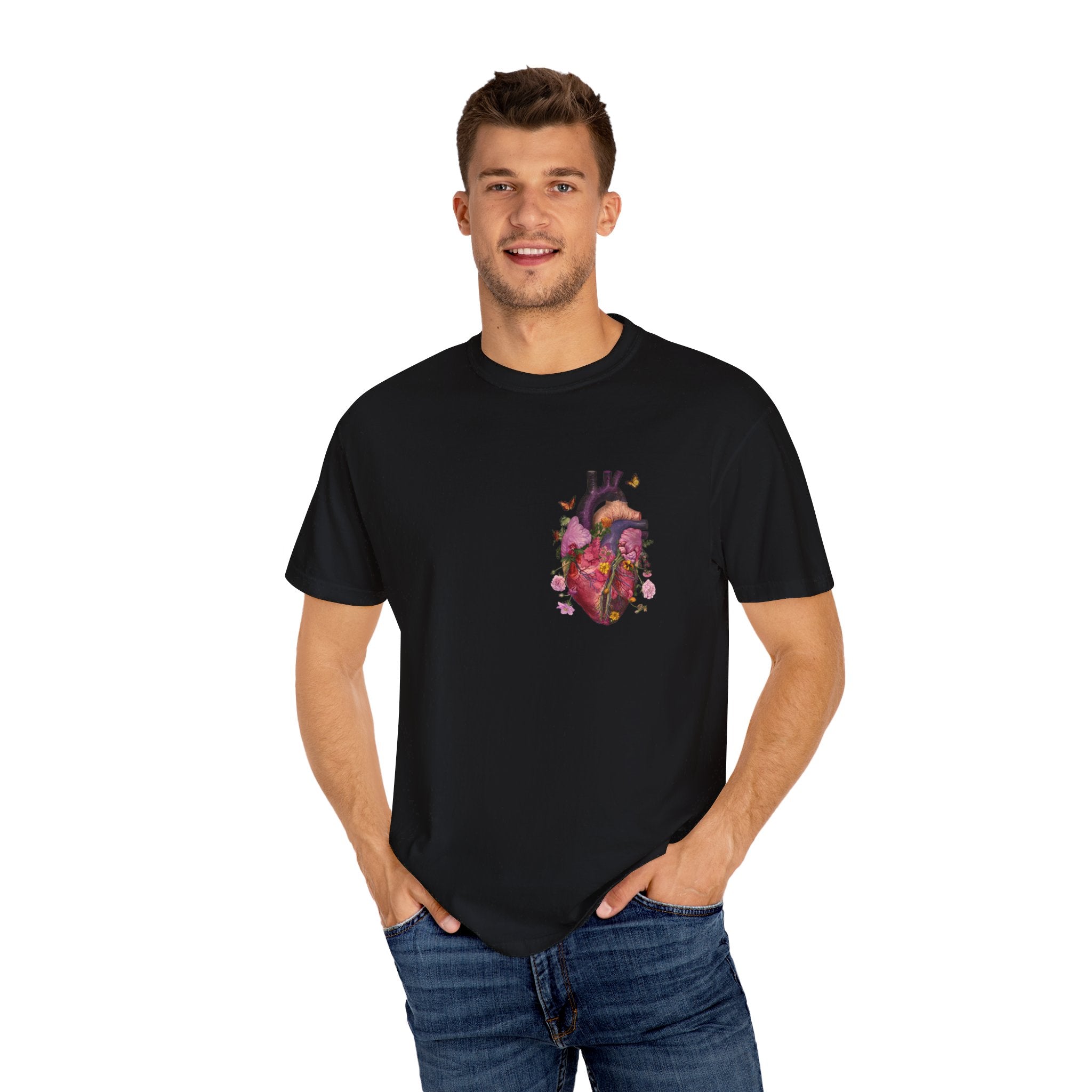 Botanical Heartbeat: Floral Heart Anatomy Unisex Garment-Dyed T-Shirt - Wearable Art with a Touch of Nature