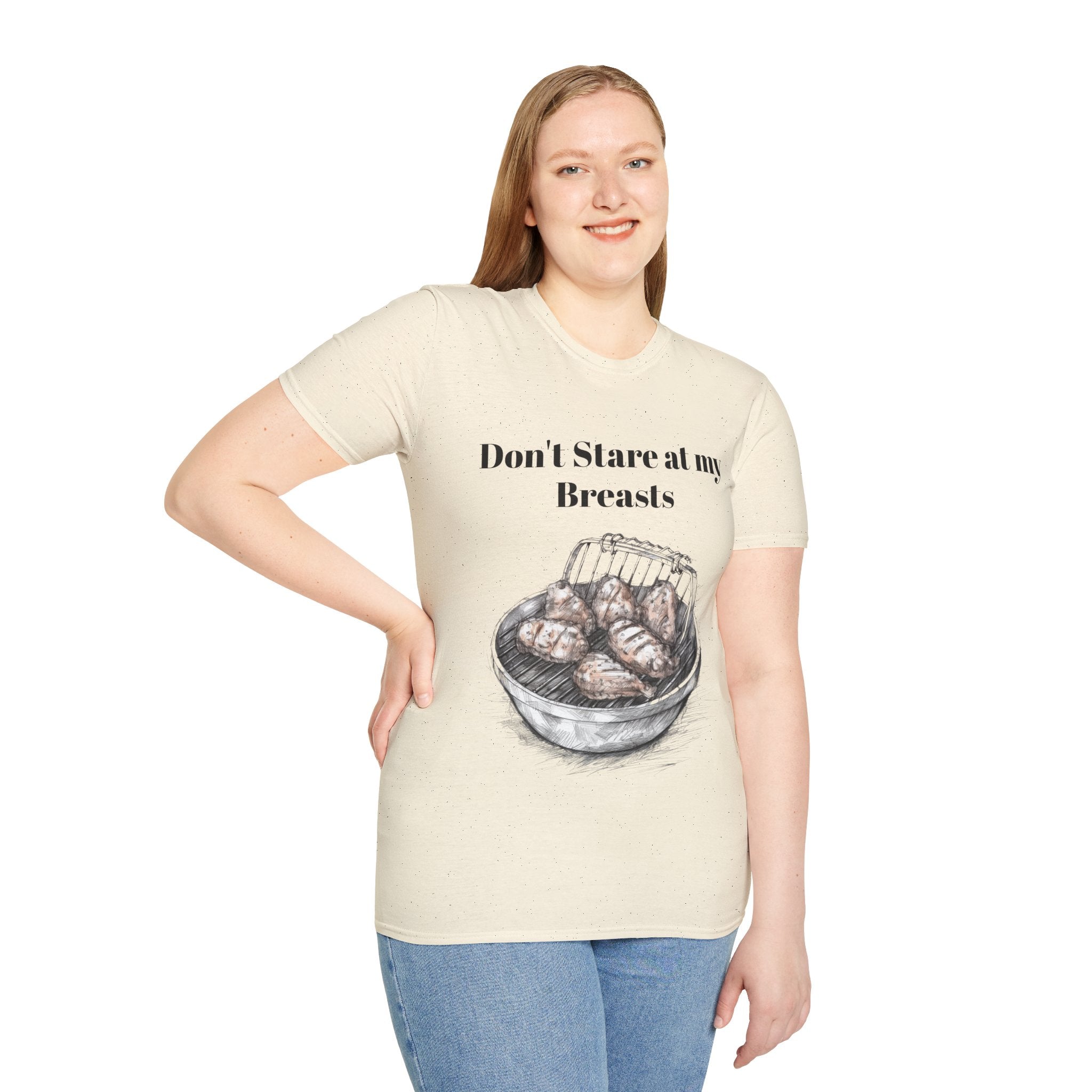 Don't Stare at My Chicken Breast" Humorous Unisex Softstyle T-Shirt - Perfect for Foodies and Comedy Lovers: A Playful Fashion Statement