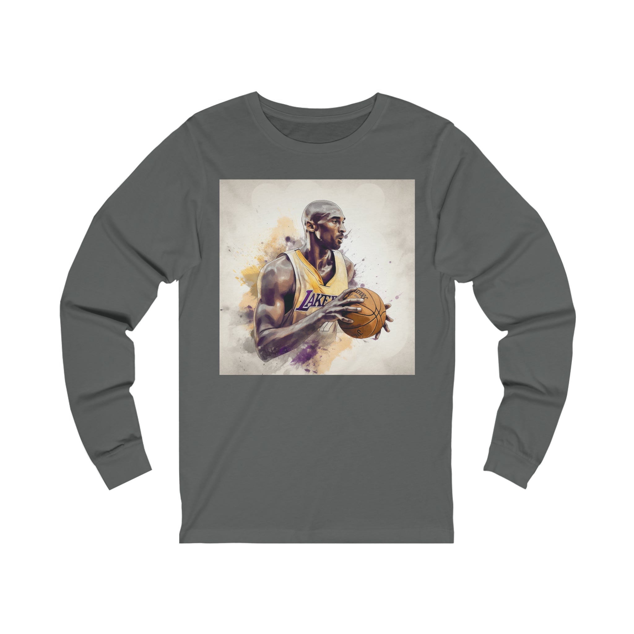 This item features a long sleeve jersey tee with a unique, vibrant watercolor print on the front. The artwork is an artistic tribute to the legendary basketball player K.B., capturing his dynamic playstyle and iconic moments on the court. The shirt is designed to fit comfortably for all genders, with a casual, relaxed silhouette that makes it suitable for various occasions, from sports events to casual outings.