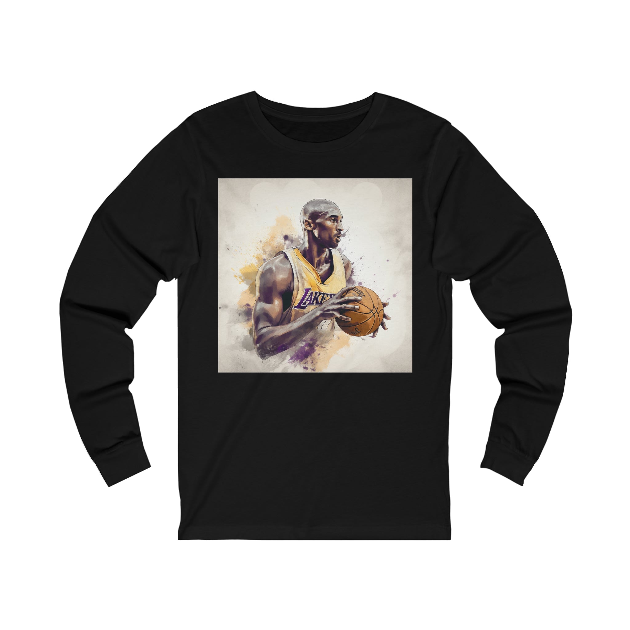 This item features a long sleeve jersey tee with a unique, vibrant watercolor print on the front. The artwork is an artistic tribute to the legendary basketball player K.B., capturing his dynamic playstyle and iconic moments on the court. The shirt is designed to fit comfortably for all genders, with a casual, relaxed silhouette that makes it suitable for various occasions, from sports events to casual outings.