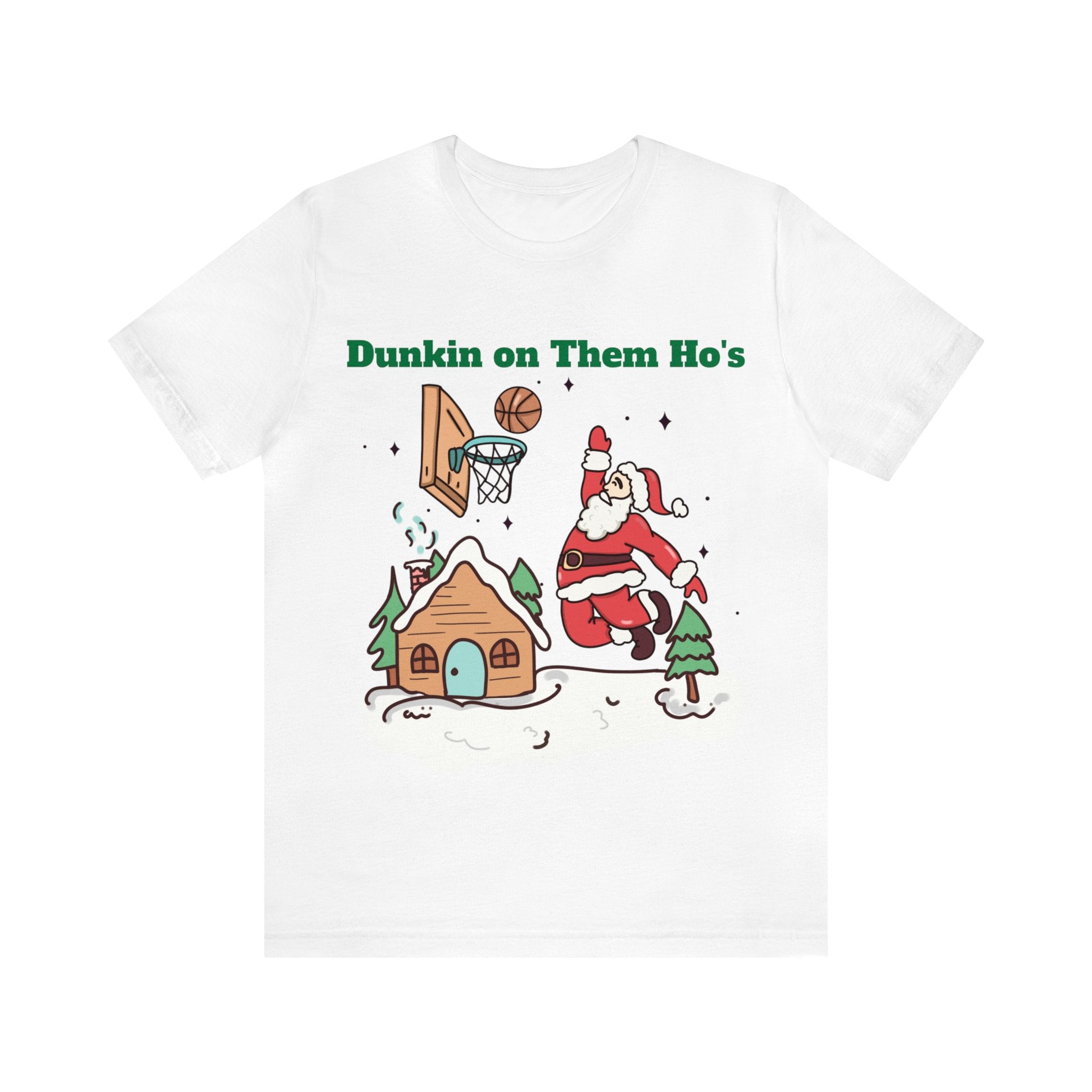 Unisex Jersey Short Sleeve Tee-' "Dunkin on Them Ho's..." Holiday Wear with Humorous Santa Art Perfect Gift for Athletes.