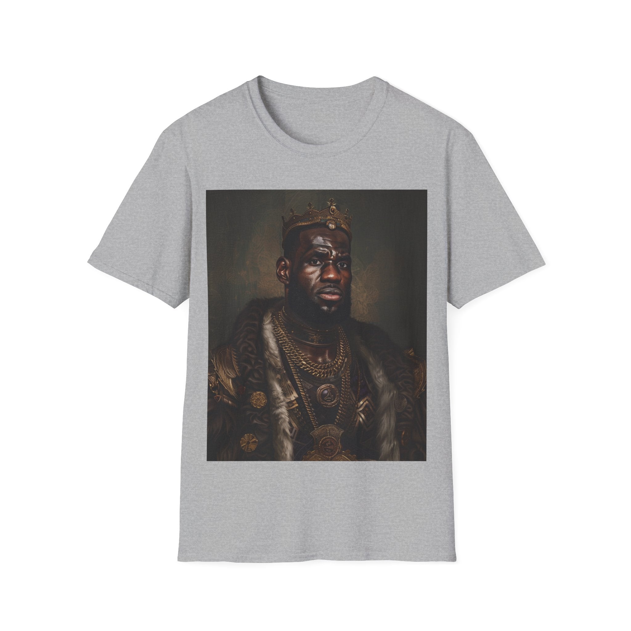 The image showcases the sophisticated unisex softstyle t-shirt, featuring a detailed and artistically rendered portrait of King James in the style of a Renaissance painting. The quality of the softstyle material is evident, promising comfort and durability, while the design speaks to the blend of sports legacy and classical elegance. Inspired by Lebron James.