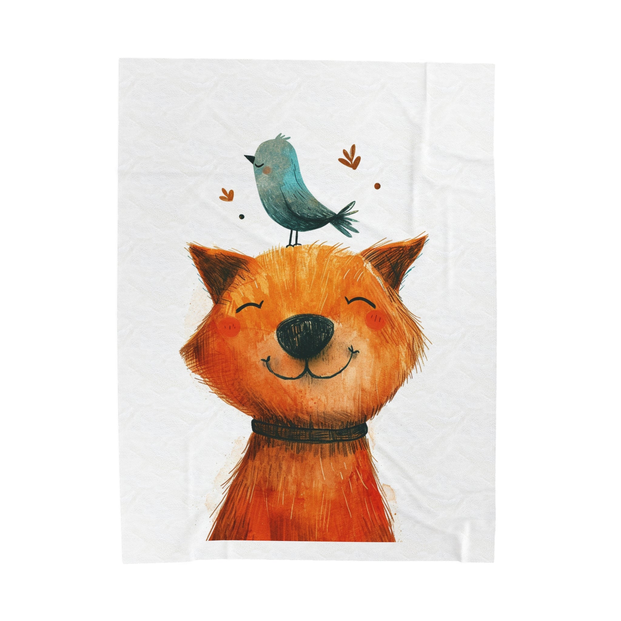 Dog with Friendly Bird Chum Velveteen Plush Blanket - Heartwarming Animal Friendship Design - Cozy Home Decor and Bedding Accessory