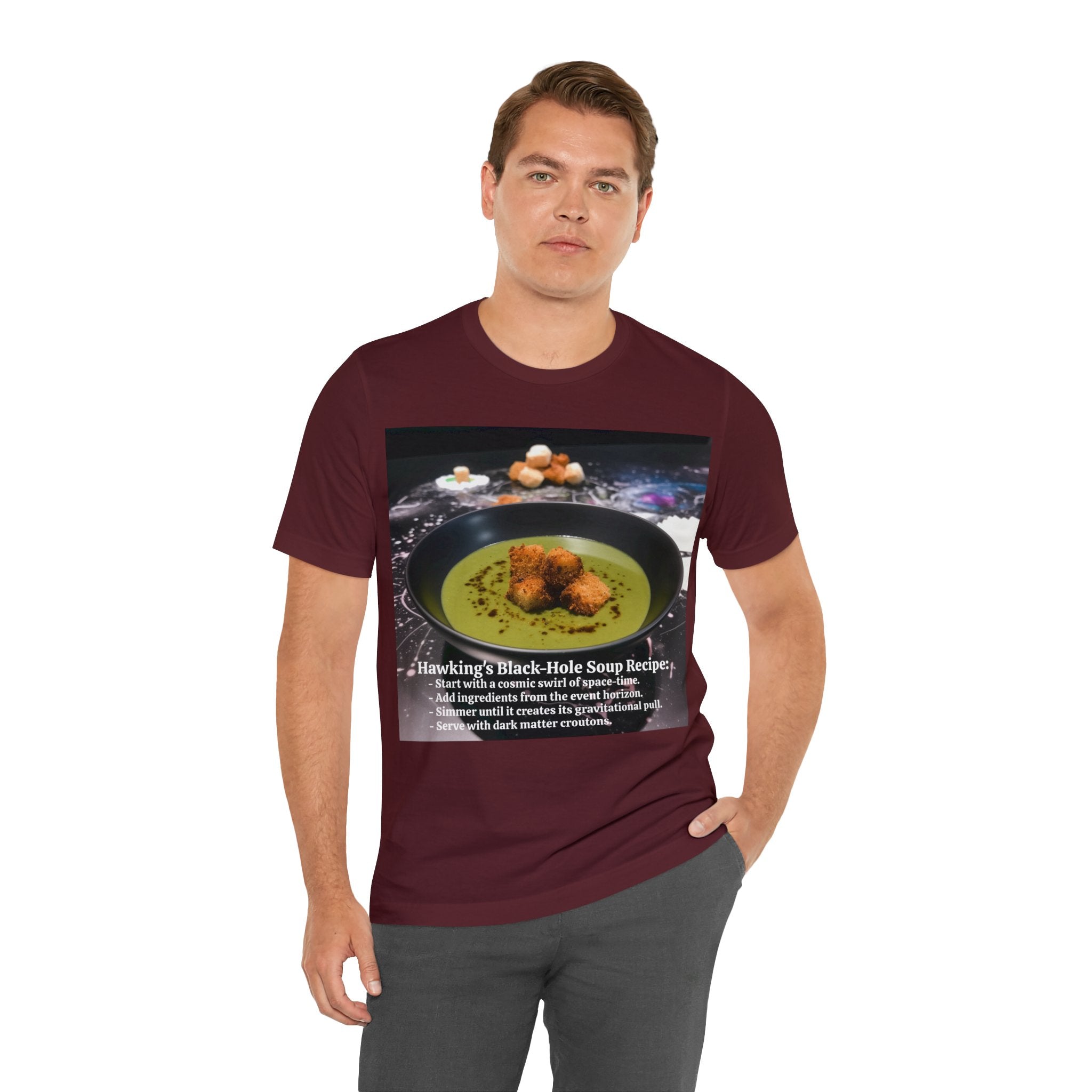 Show Your Charisma and Intellect with Hawking's Black-Hole Soup: A Cosmic Culinary Adventure Unisex Jersey Short Sleeve Tee