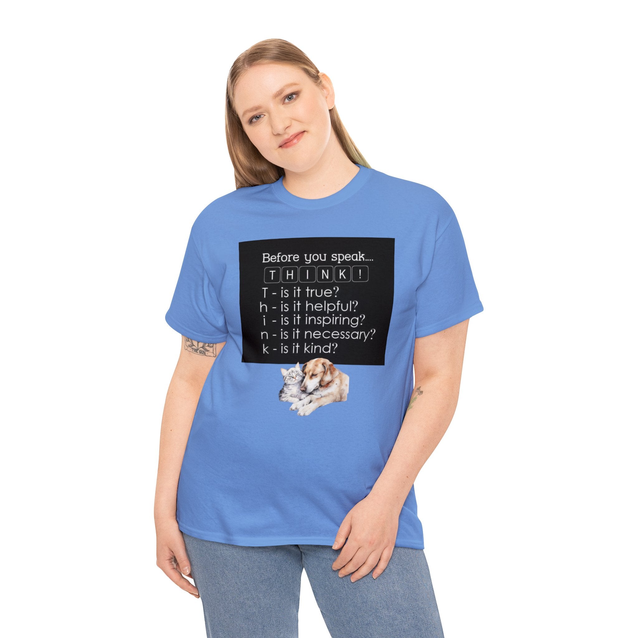 T.H.I.N.K Acronym Kindness Dog and Cat Comfy Friends Unisex Heavy Cotton Tee - Spread Positivity & Friendship