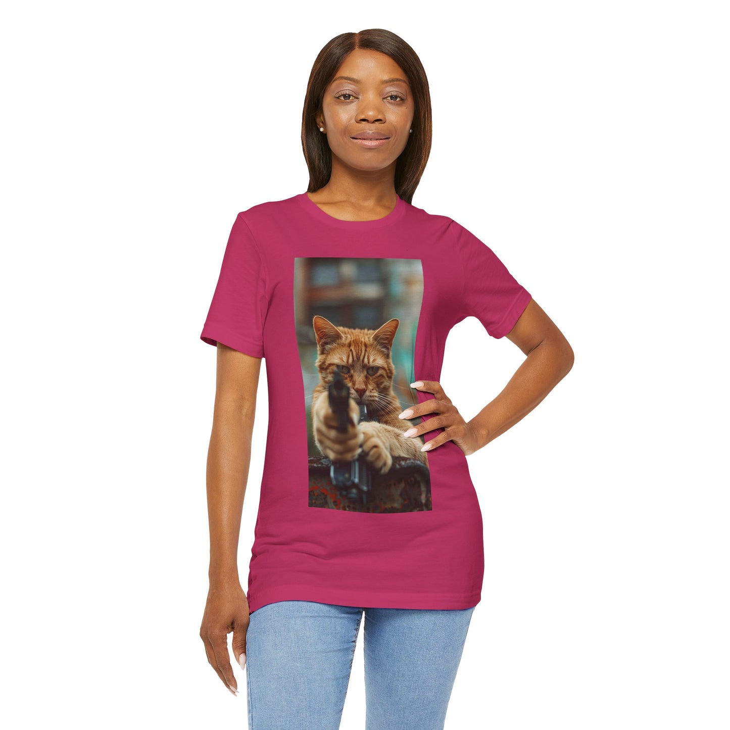 Stealth Paws: Feline Hitman Women's Jersey Short Sleeve Tee - Quirky Cat-Themed Apparel for Fashion-Forward Cat Lovers