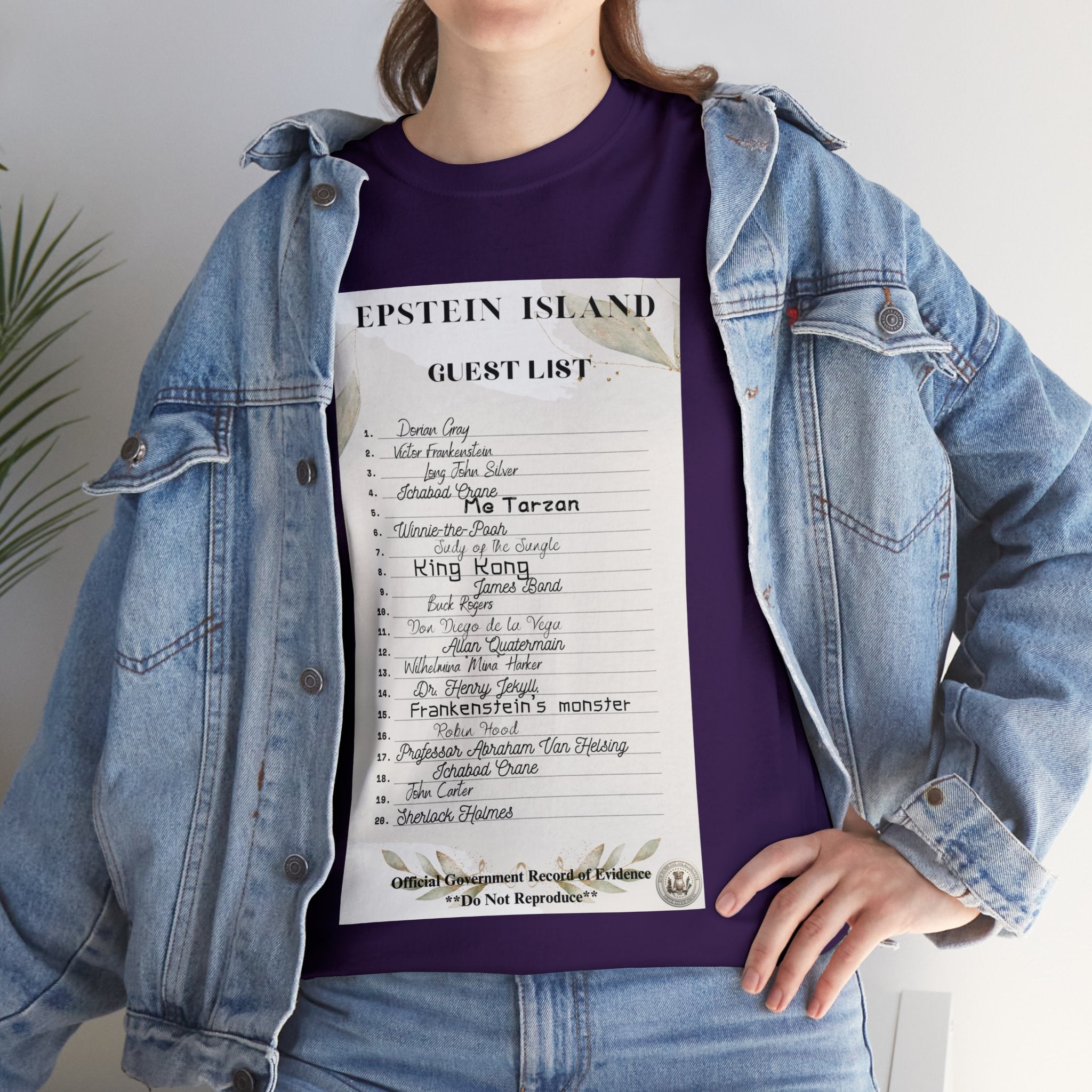 Women's Shirt Top Creepy Island Baron Guest List" Funny Parody Unisex Heavy Cotton Tee Funny T-Shirt of E-Island Guest List Funny Shirt for Him for Funny Events