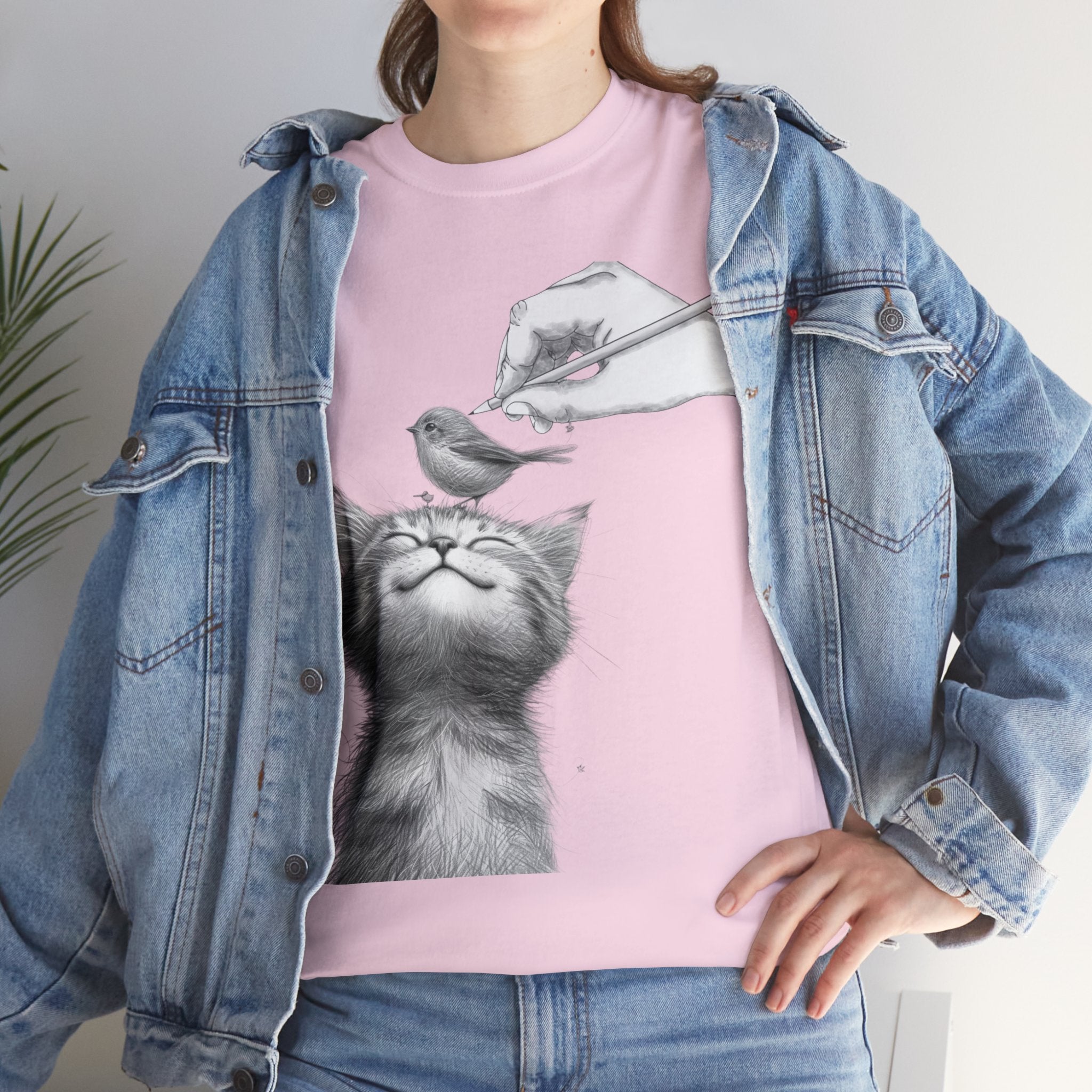 Cute Top for Artist Gift Women's Discover Artistic Elegance: Sketch Hand Drawing Bird and Cat Friendship Unisex Heavy Cotton Tee - Unique Design for Art Enthusiasts