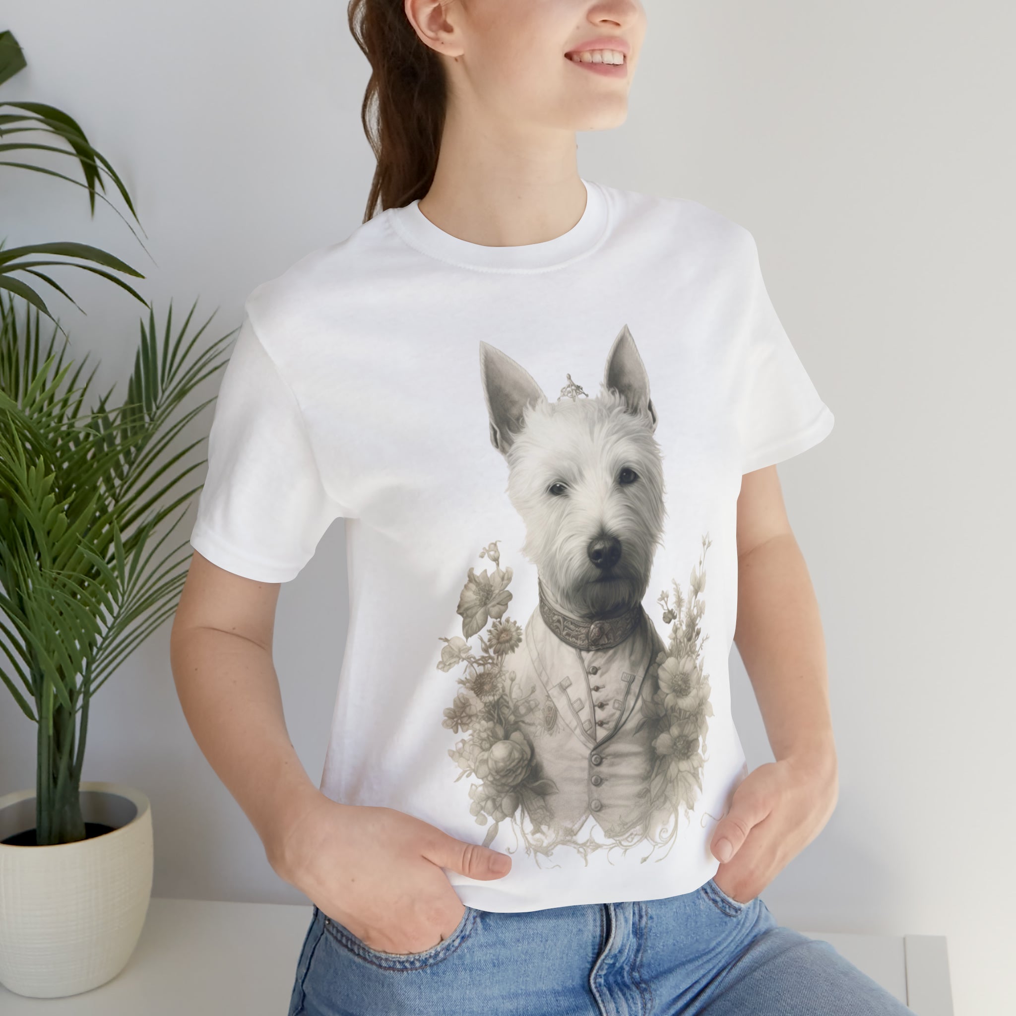 Unisex Jersey Short Sleeve Tee-"Distinguished Dog" Tee - Pencil Drawn Art, Floral Accents - Ideal Gift for Dog and Art Lovers