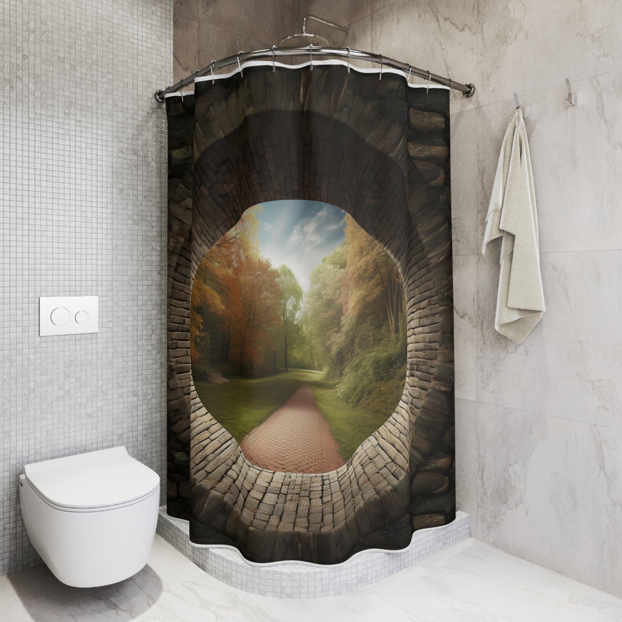 Jogging Path Portal Polyester Shower 🏛️ Enigmatic Architectural Gateway: Ultra-Realistic Brick Portal Optical Illusion - Elegant Polyester Shower Curtain for Modern Bathrooms, Artistic Home Decor 🚿✨Curtain