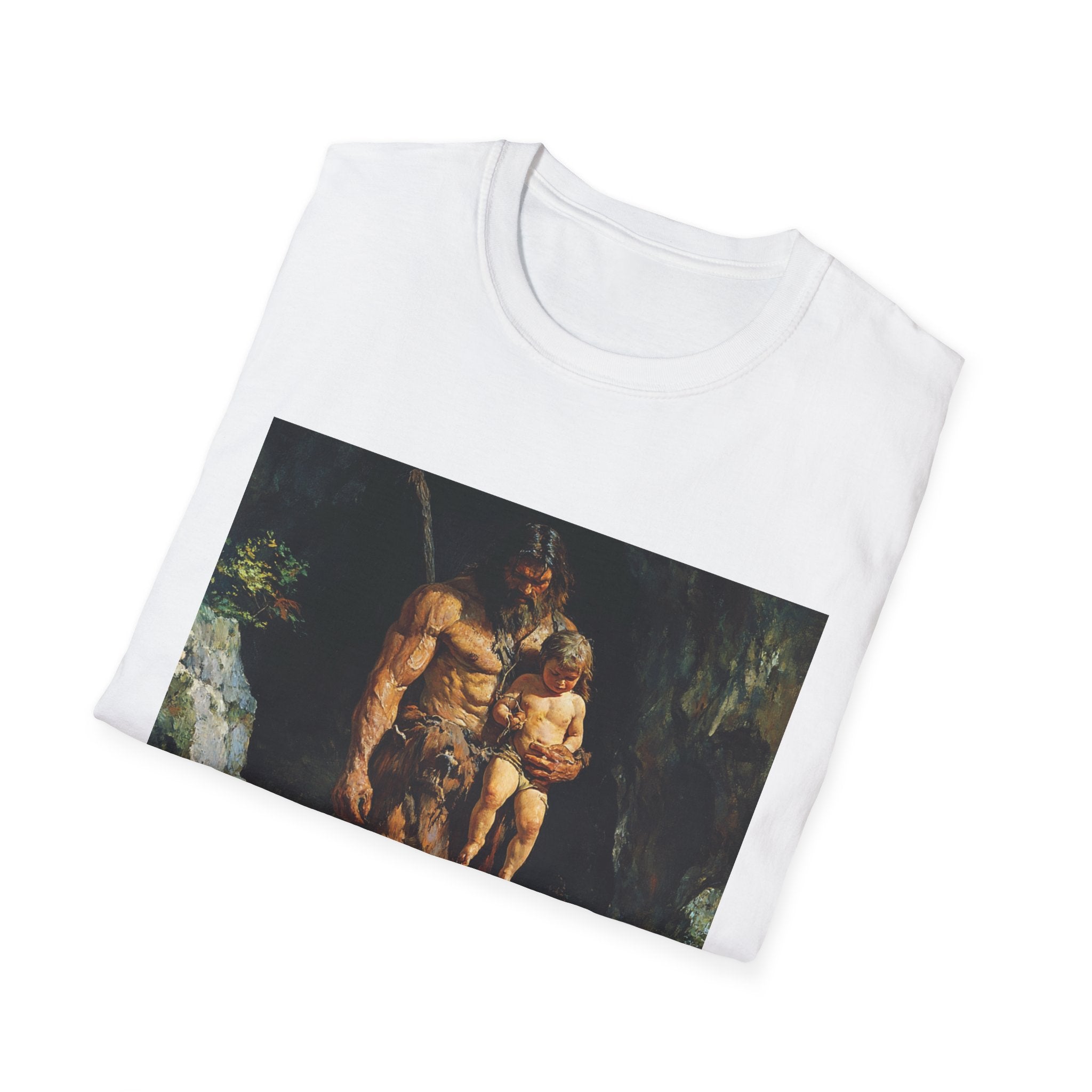 "Prehistoric Parenting: Caveman Caring Father Unisex Softstyle T-Shirt - A Nod to Timeless Fatherhood