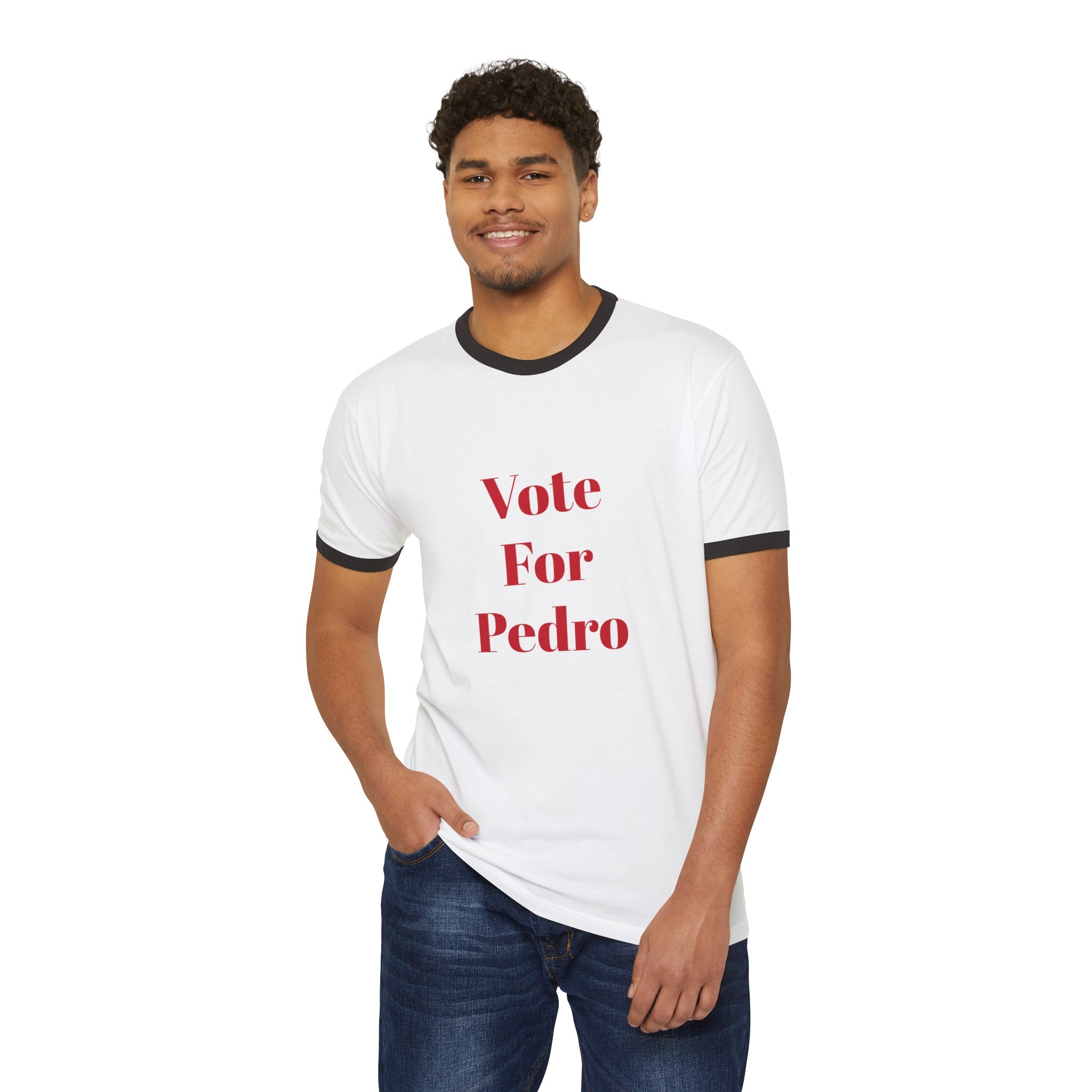 The image features a stylish unisex cotton ringer t-shirt, showcasing the bold "Vote For Pedro" slogan across the front. The contrasting trim on the collar and cuffs highlights the classic ringer style, while the soft cotton fabric promises comfort and a relaxed fit.