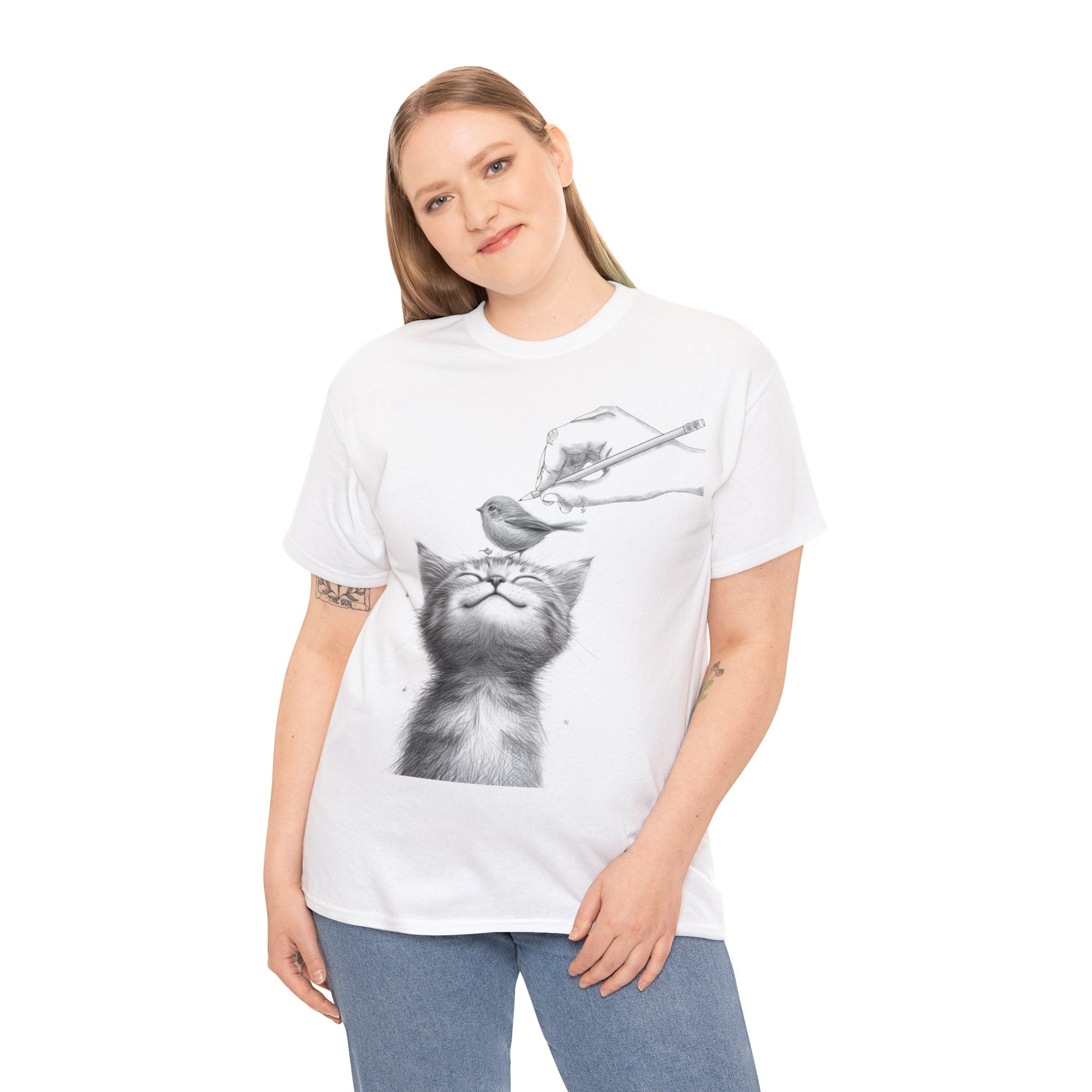 Cute Top for Artist Gift Women's Discover Artistic Elegance: Sketch Hand Drawing Bird and Cat Friendship Unisex Heavy Cotton Tee - Unique Design for Art Enthusiasts