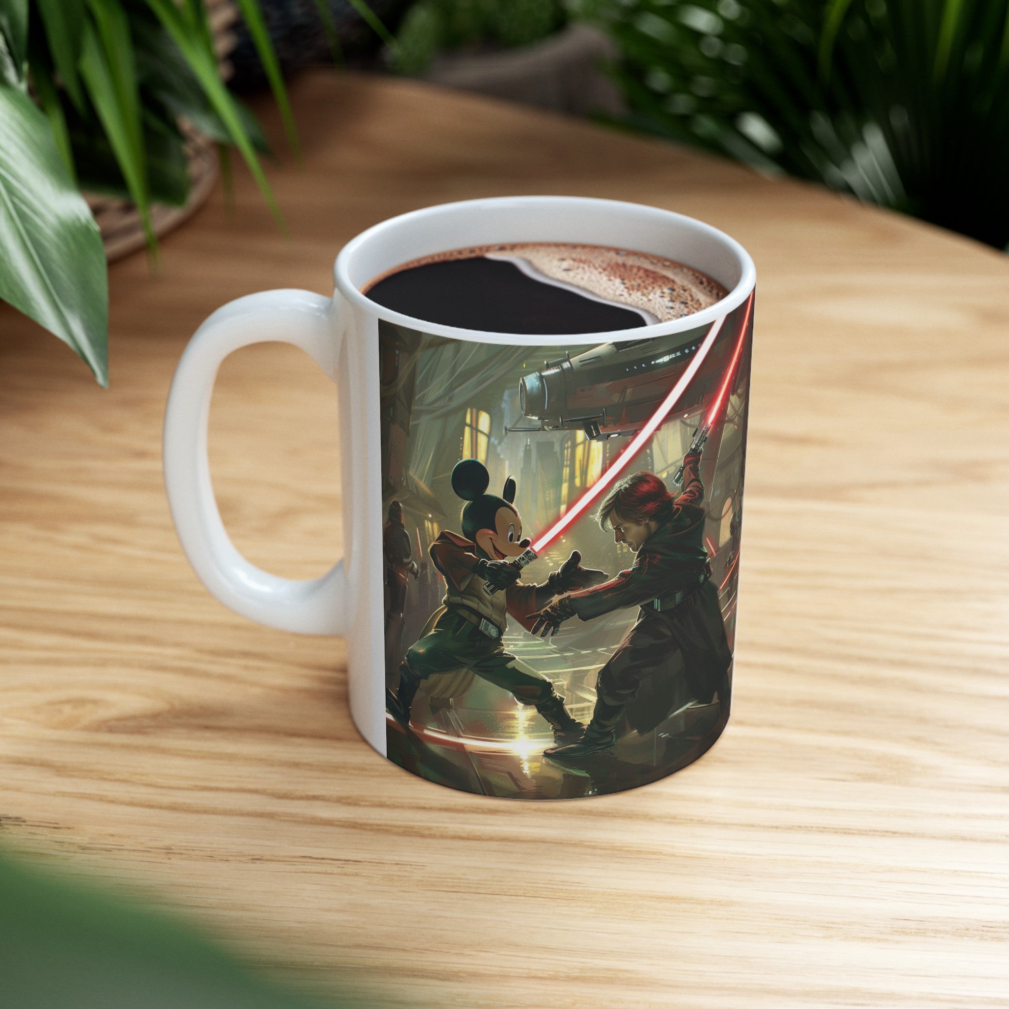 The image showcases a beautifully crafted ceramic mug, available in both 11oz and 15oz sizes. The mug is adorned with a colorful, detailed illustration of a fantasy kingdom in battle, featuring knights, dragons, and castles under siege, designed to captivate and inspire with every use.