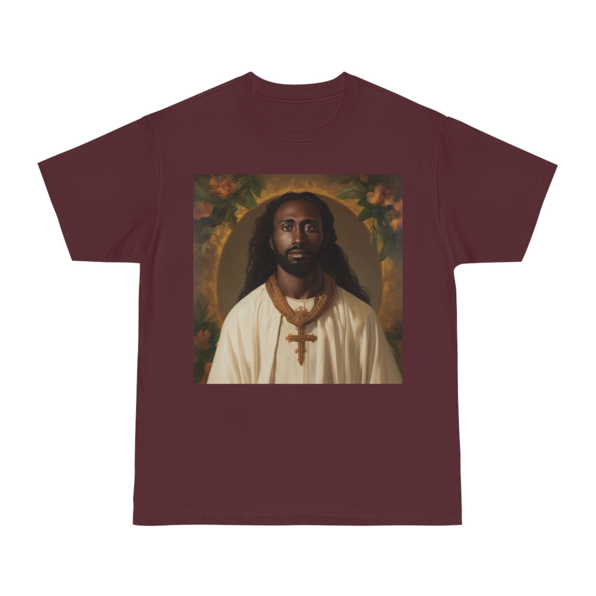 This image displays a high-quality unisex Hammer™ T-shirt featuring an inspiring design based on a Mormon painting of Jesus of African descent. The t-shirt is presented in a neutral color that highlights the detailed and vibrant artwork, designed to resonate with a wide audience and celebrate diversity in spirituality.
