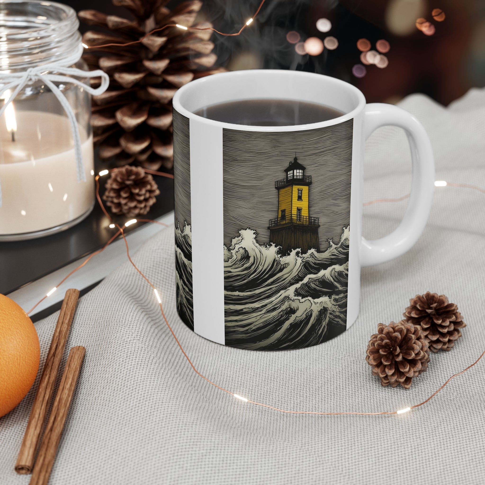 Perfect for Relaxing and Sipping Tea or Coffee "Yellow Sunflower Lighthouse Against the White Surf of the Bay" Ceramic Mug 11oz - Coastal Art and Relaxation & Nautical Painting for Coffee Lovers Gift for Teachers Gift for Employees or Boss