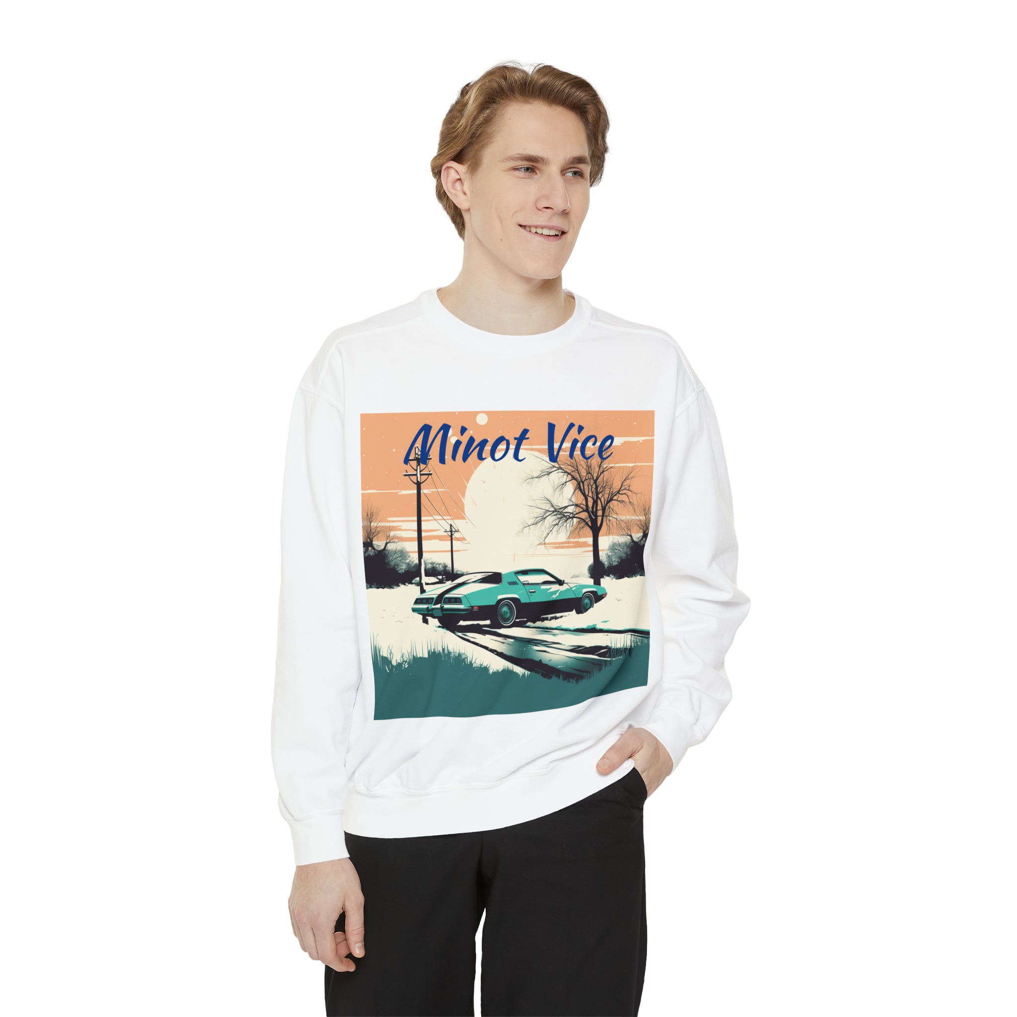 Unisex Garment-Dyed Sweatshirt-"Minot Vice" Cool Winter Art Wear For Family and Friends Professional Interpretation Parody