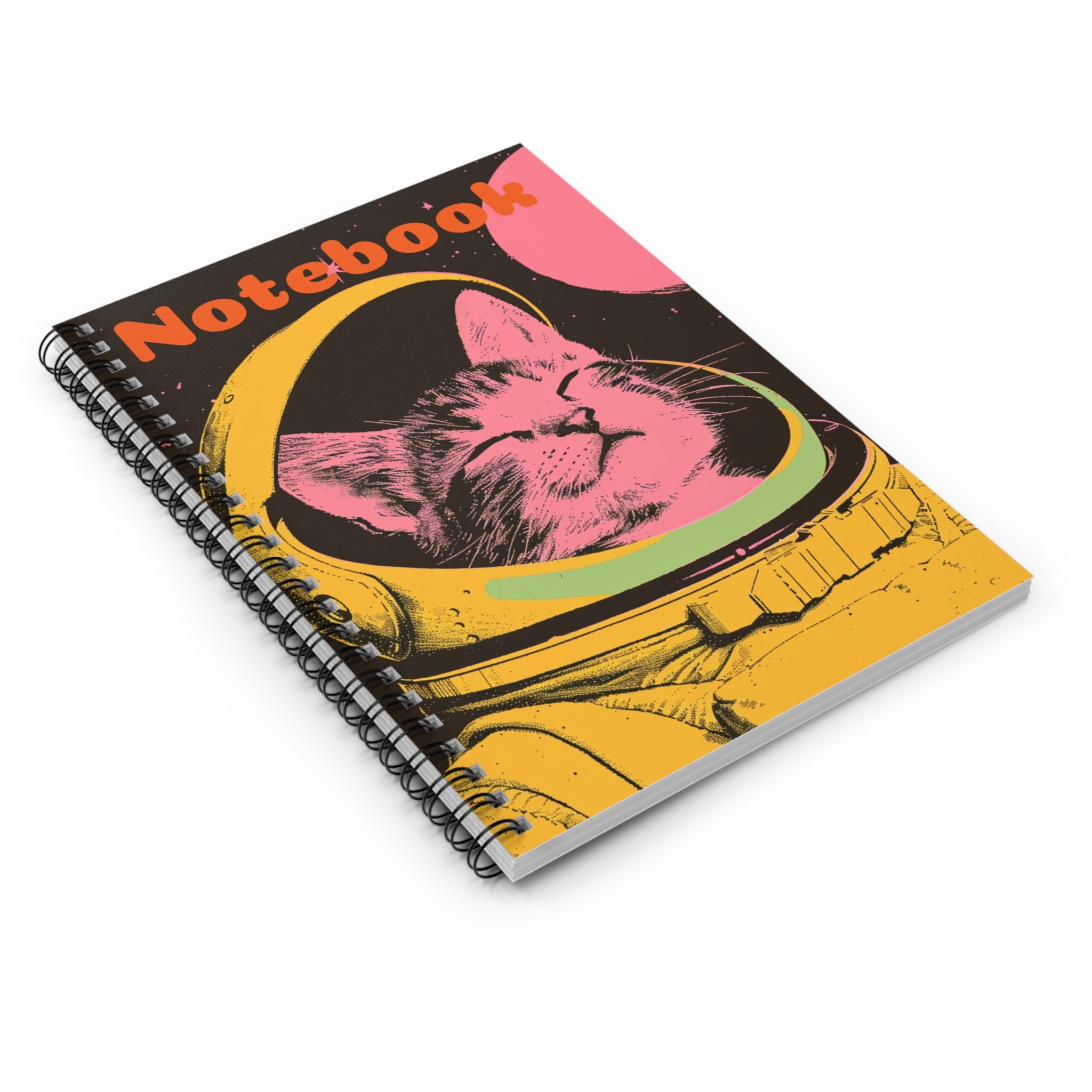 The image features a spiral notebook with a vibrant and abstract design of a cat dressed as an astronaut on the cover. The ruled lines and high-quality paper are also highlighted, making it an ideal choice for writing and note-taking.