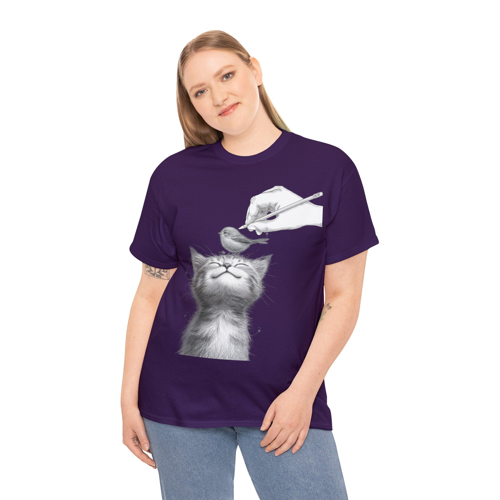 Cute Top for Artist Gift Women's Discover Artistic Elegance: Sketch Hand Drawing Bird and Cat Friendship Unisex Heavy Cotton Tee - Unique Design for Art Enthusiasts